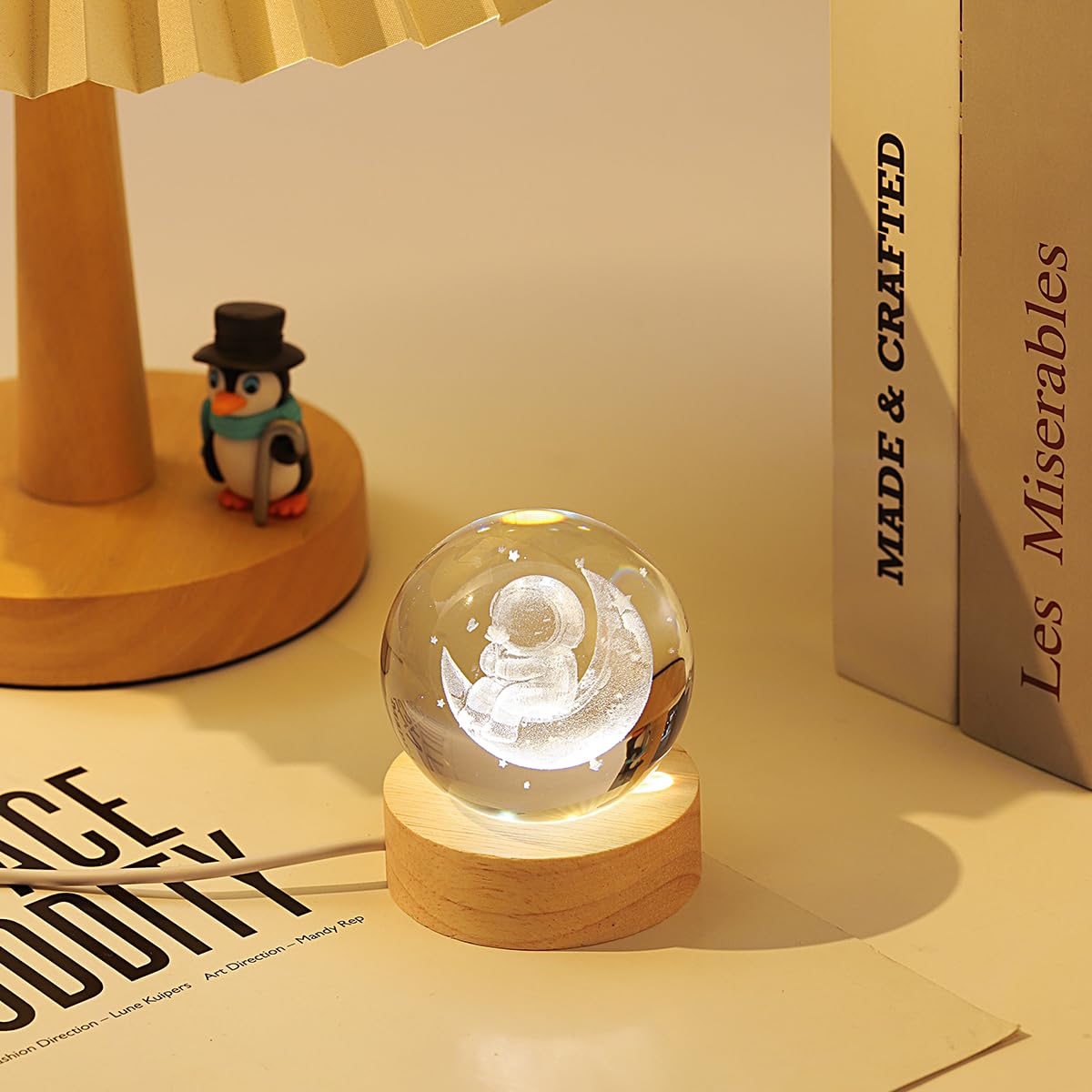 Hochance 3D Moon Crystal Ball Lamp With Adjustable Brightness Led Wooden Base Night Light For Kids Teens mature-themeds Birthday Gift Home Desk Office Bedroom Decor (6Cm / 2.4 )