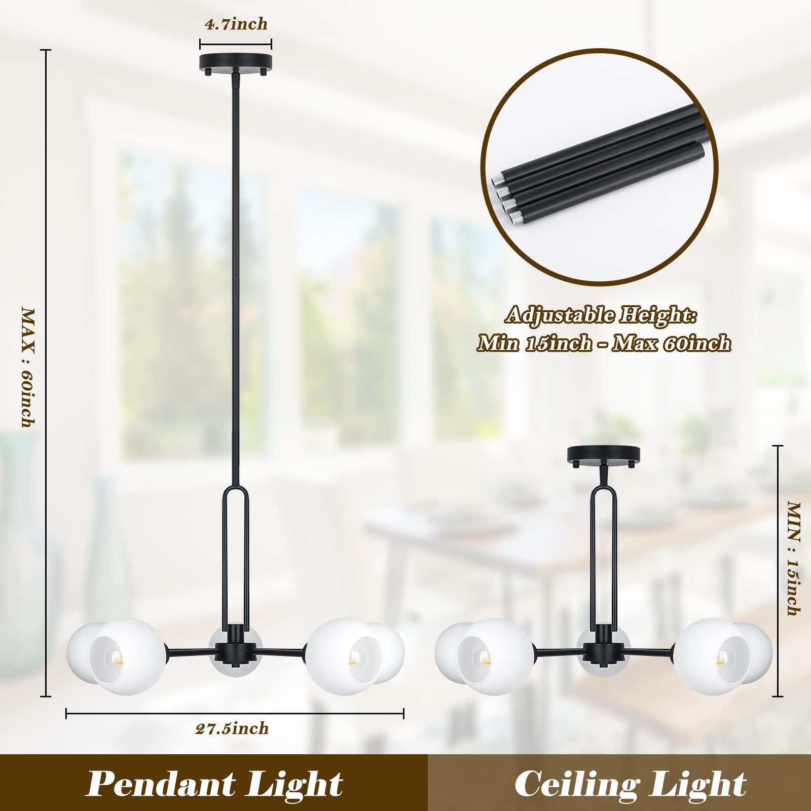 Modern 5-Light Globe Sputnik Chandelier - Large Semi-Flush Dining Room Light, Black Glass Pendant For Kitchen, Living Room, Bedr