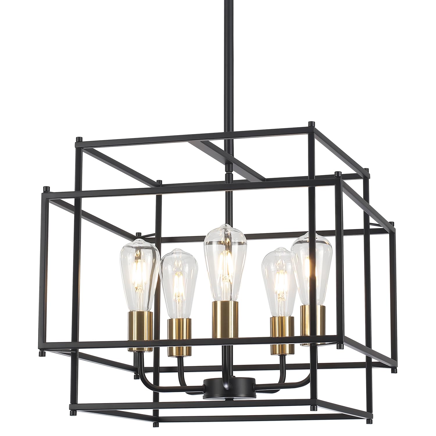 Luupyia 5Lights Rectangle Chandelier Industrial, Black And Gold Metal Pendant Light Fixture Linear For Living Room Dining Room O