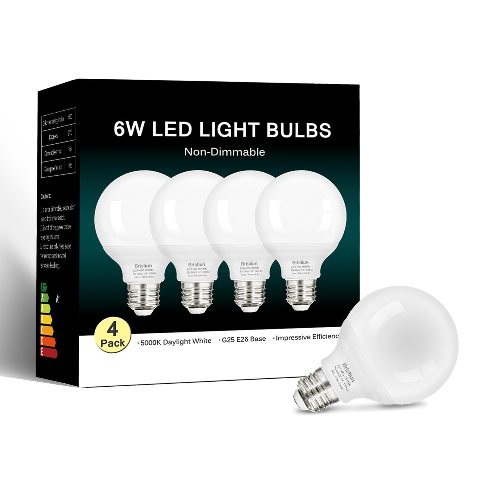 Brtstiun G25 LED Light Bulb, 4-Pack, 40W Equivalent, Daylight White 5000K, E26 Base, Non-Dimmable, Globe Vanity Bulbs