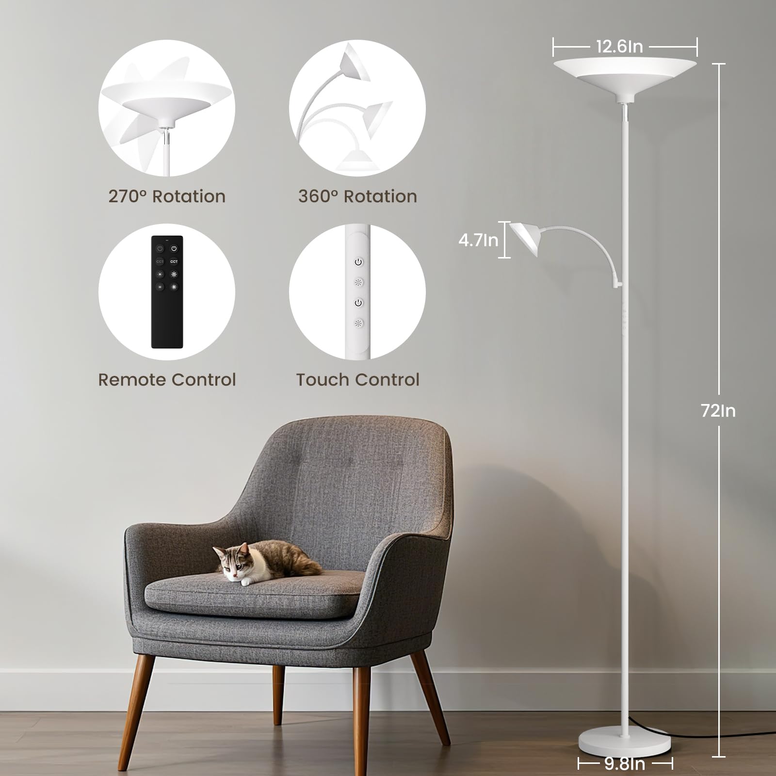 Sibrille Upgraded 2-Light Torchiere Floor Lamp - 34W Color Changing Standing Lamp With Remote, Rotatable Floor Reading Light, Mo