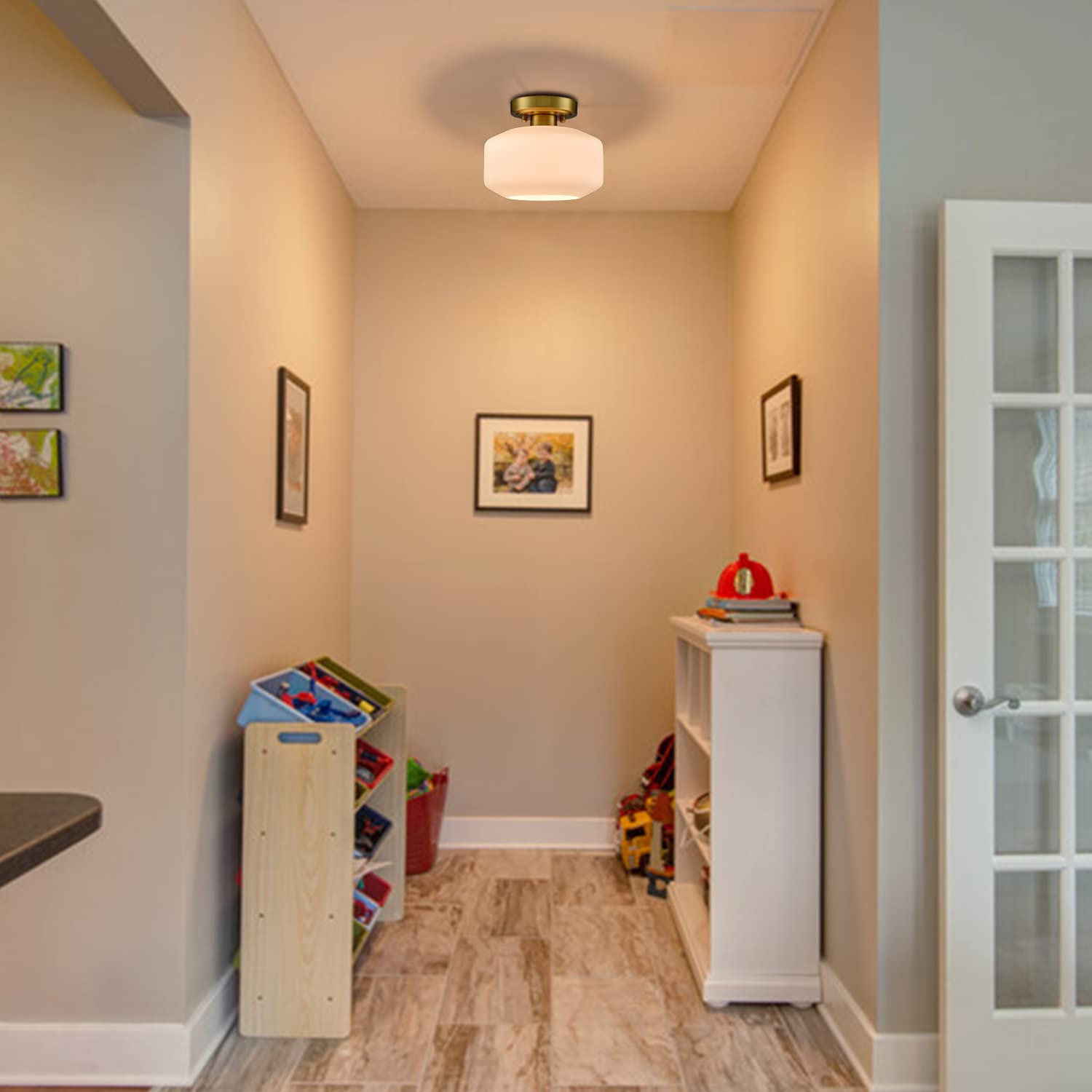 JEENKAE Modern Farmhouse Semi Flush Mount Ceiling Light Brass-Opal Metal Shade