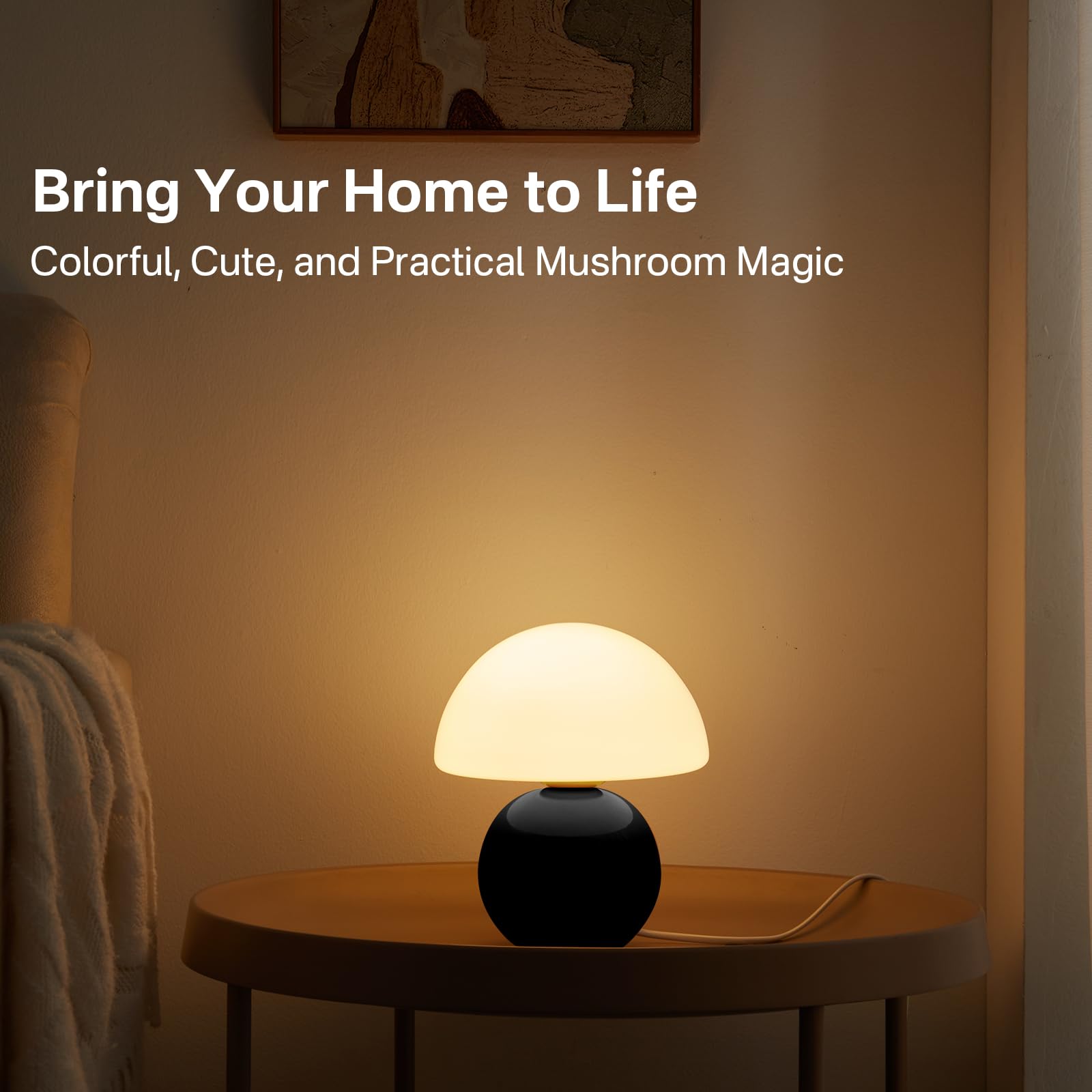 Dawnwake Mushroom Table Lamp - Small Black Glass Mid Century Aesthetic for Bedroom & Living Room - Model TD3003