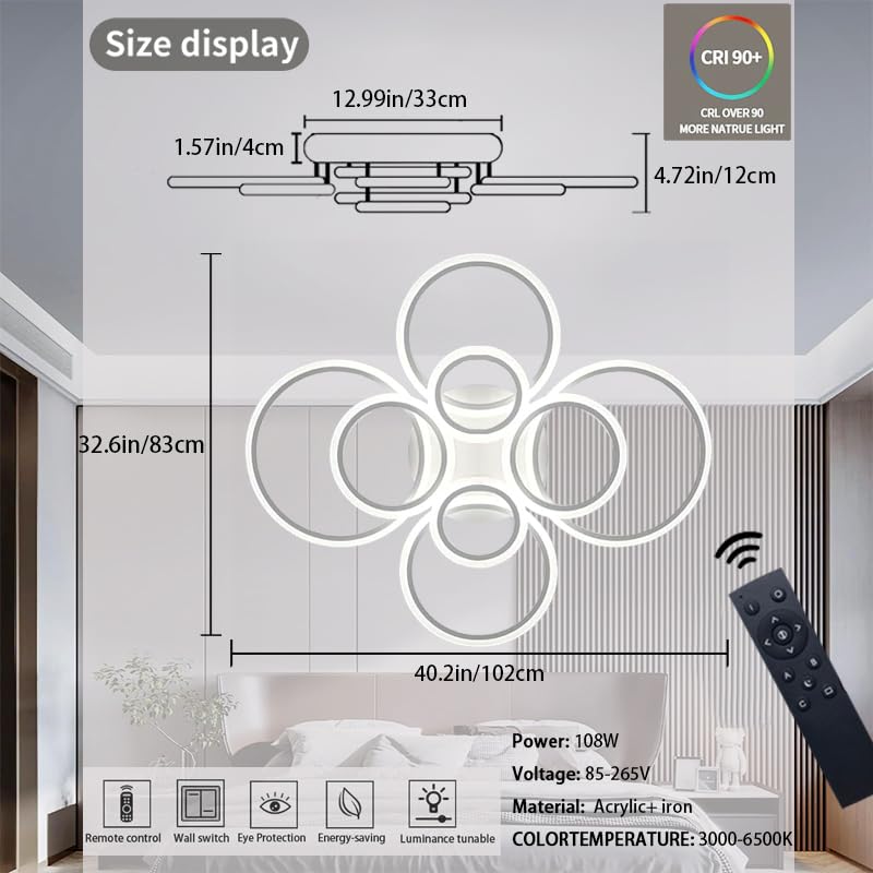 Dimmable Led Flush Mount Ceiling Light With Remote Control, 8-Ring White Design, Adjustable Color Temperature (3000-6000K) For L
