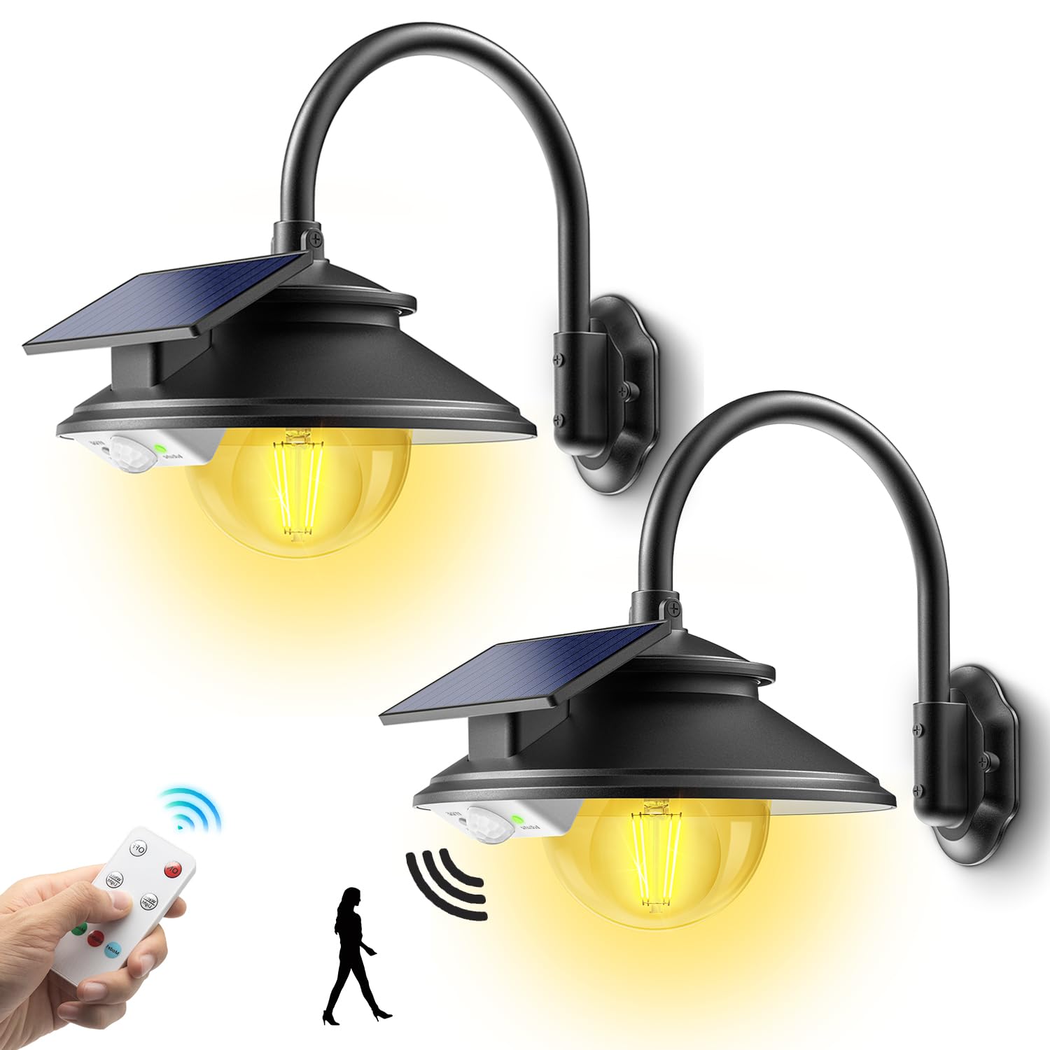 SIEDiNLAR Solar Barn Light Outdoor 3 Modes 2 Lighting, Garage Shed Light Gooseneck Farmhouse Wall Light Waterproof with Remote/M