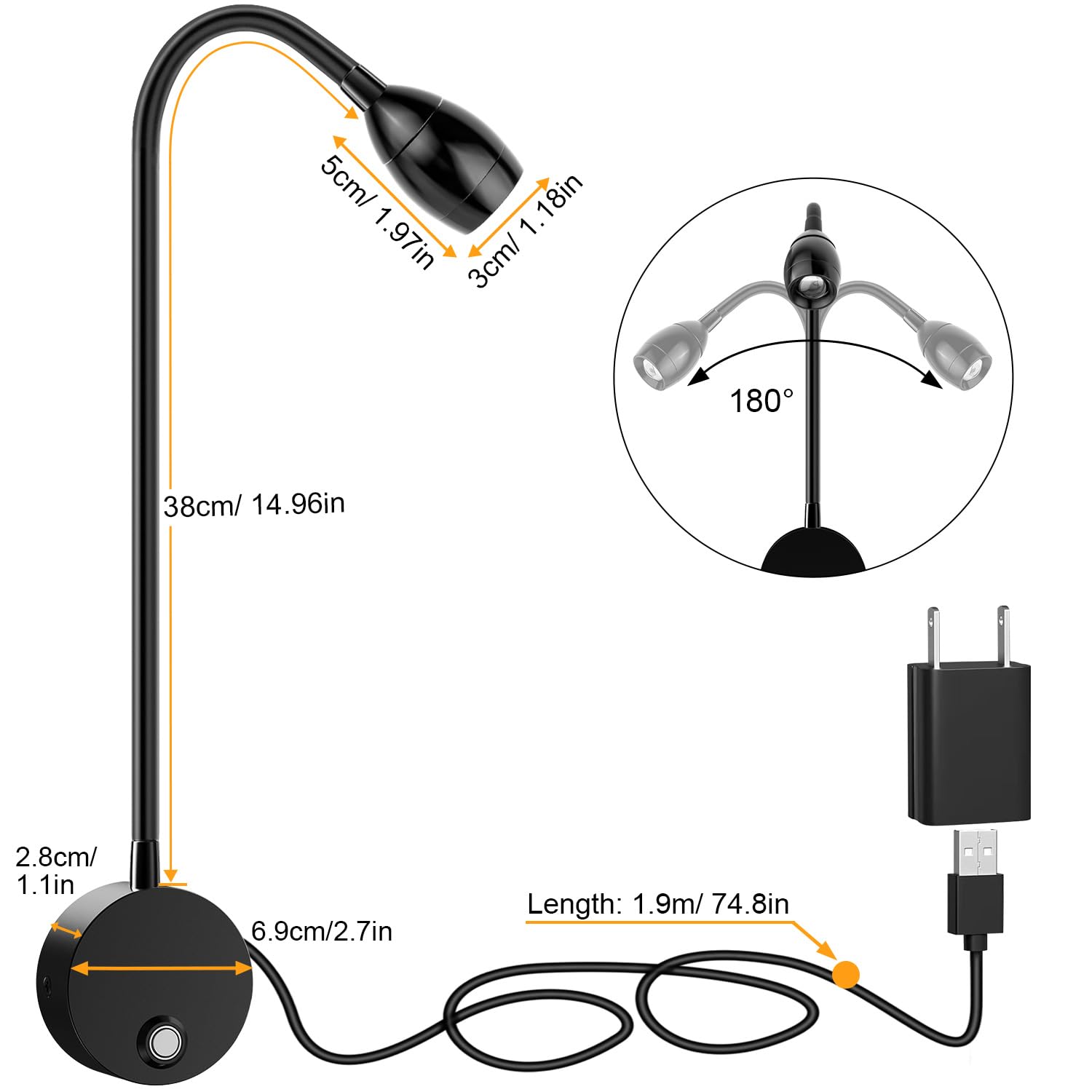 ERAY Wall Mounted LED Reading Light, 15in Flexible Gooseneck, Dimmable Warm Light, Touch Control, 2 Pack, Aluminum, Model E271-2