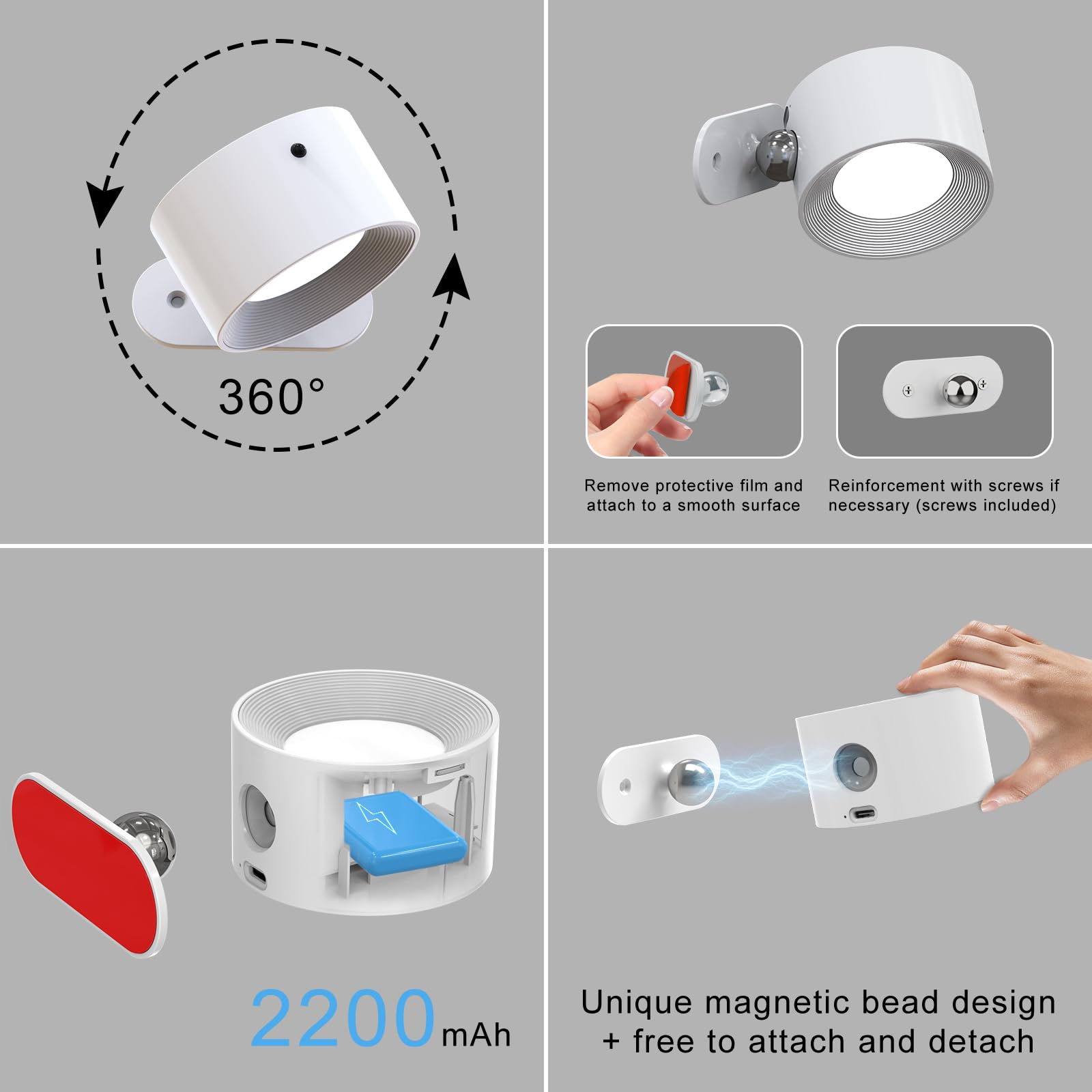 Aksda 3Pack Battery Operated Wall Sconce  3 Color Modes 3 Brightness Levels 360?Otation Lighting Timer Touch & Remote Control  Wall Mounted Lamp Led Wall Lights For Bedroom Reading Bedside (White)
