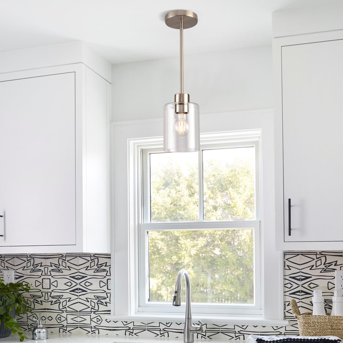 KLSS Brushed Nickel Pendant Lights, Modern Farmhouse Mini Hanging Light, Adjustable Height, Glass, 2 Pack, Model ddftgx