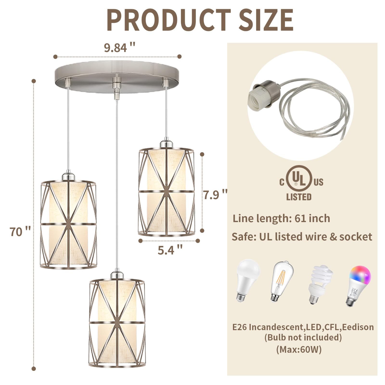 Zlierop 3-Light Chandelier, Adjustable Height Pendant Light, Metal + Linen, Linen/Nickel