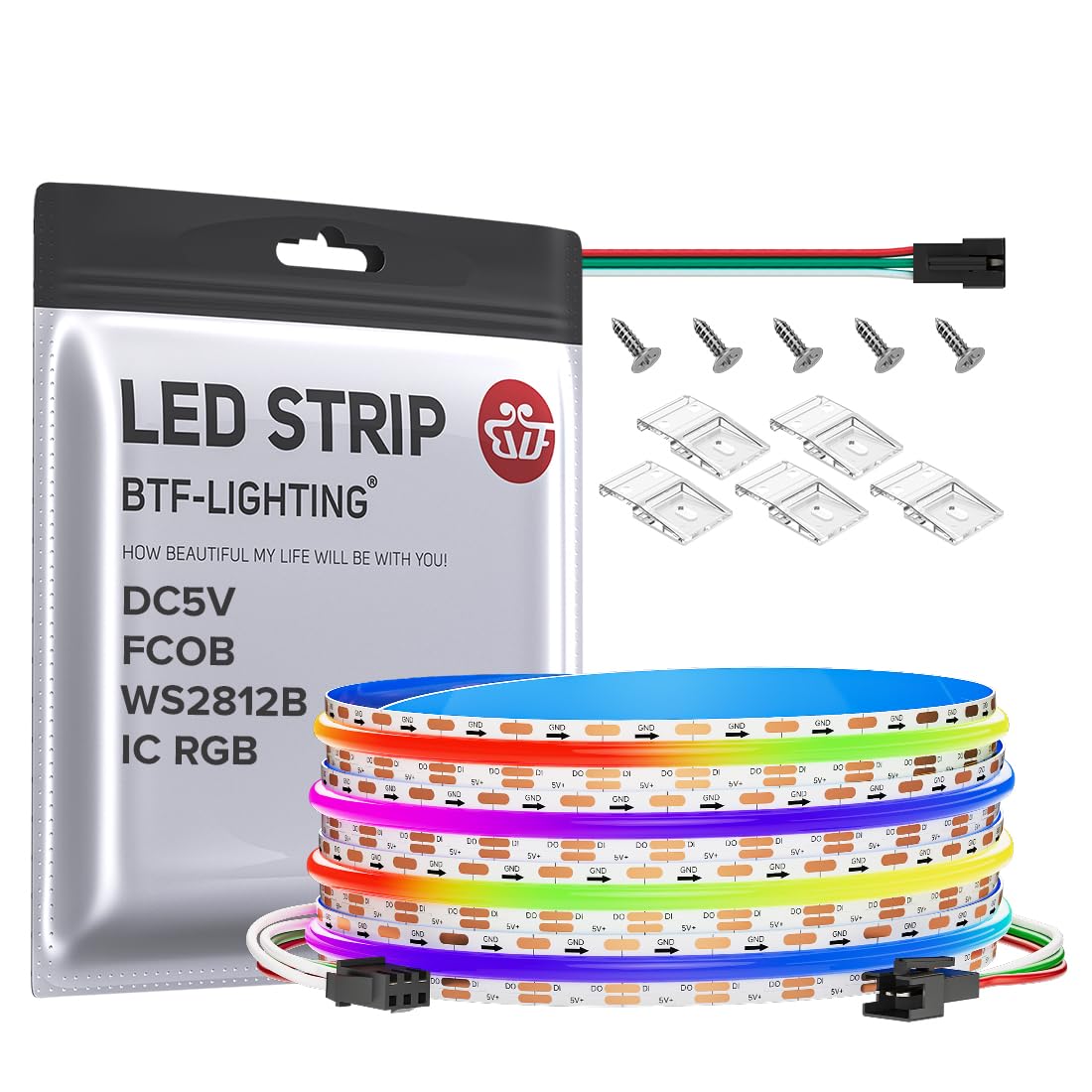 BTF-LIGHTING FCOB COB WS2812B IC RGB LED Strip DC5V 9.8FT Individual Addressable 160Pixel/m 480LEDs 480IC Dream Color IP30 Non-W