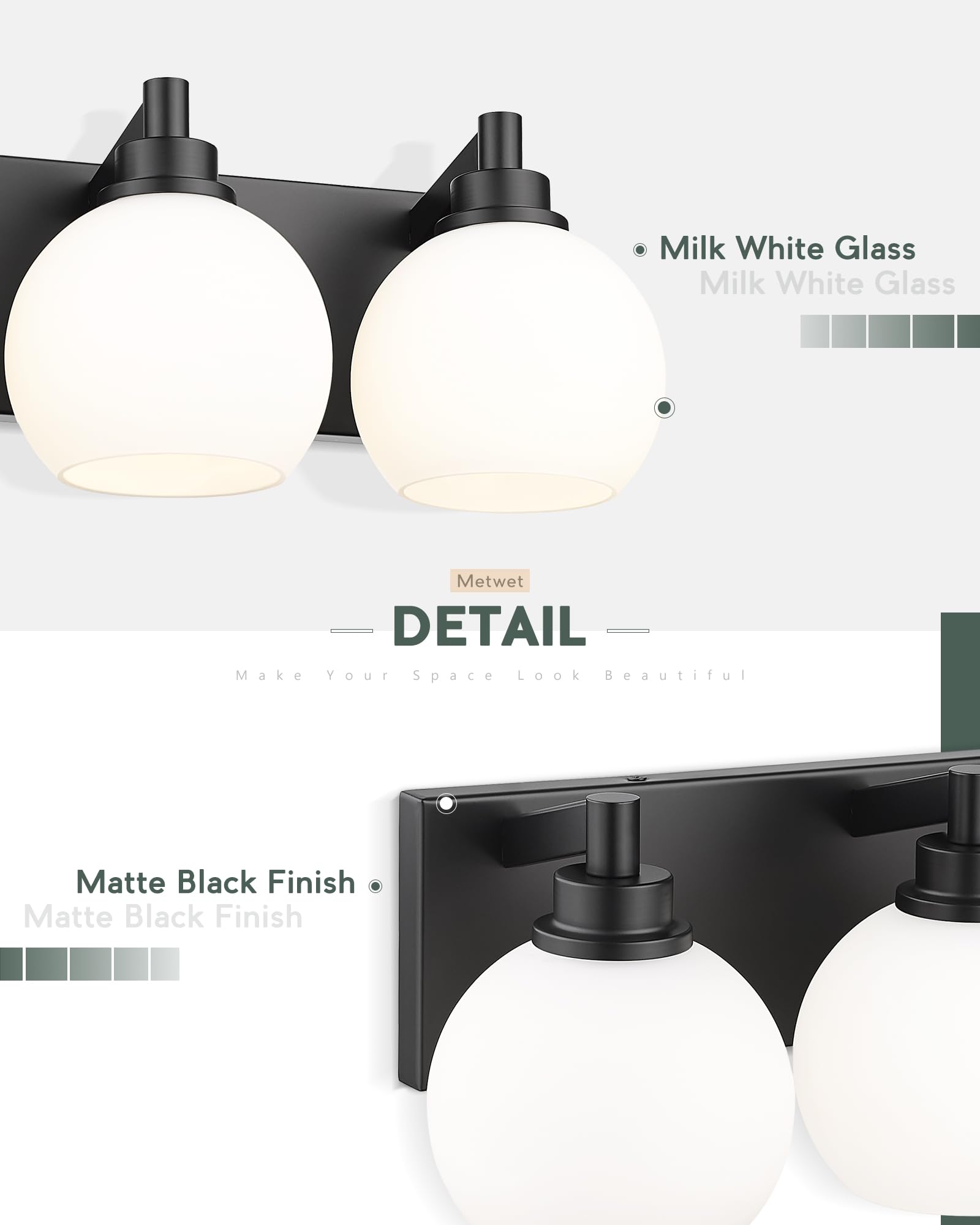 METWET 3-Light Bathroom Vanity Light Fixture, Matte Black with Milk Glass Shades, Model VL195-MB-ML-3