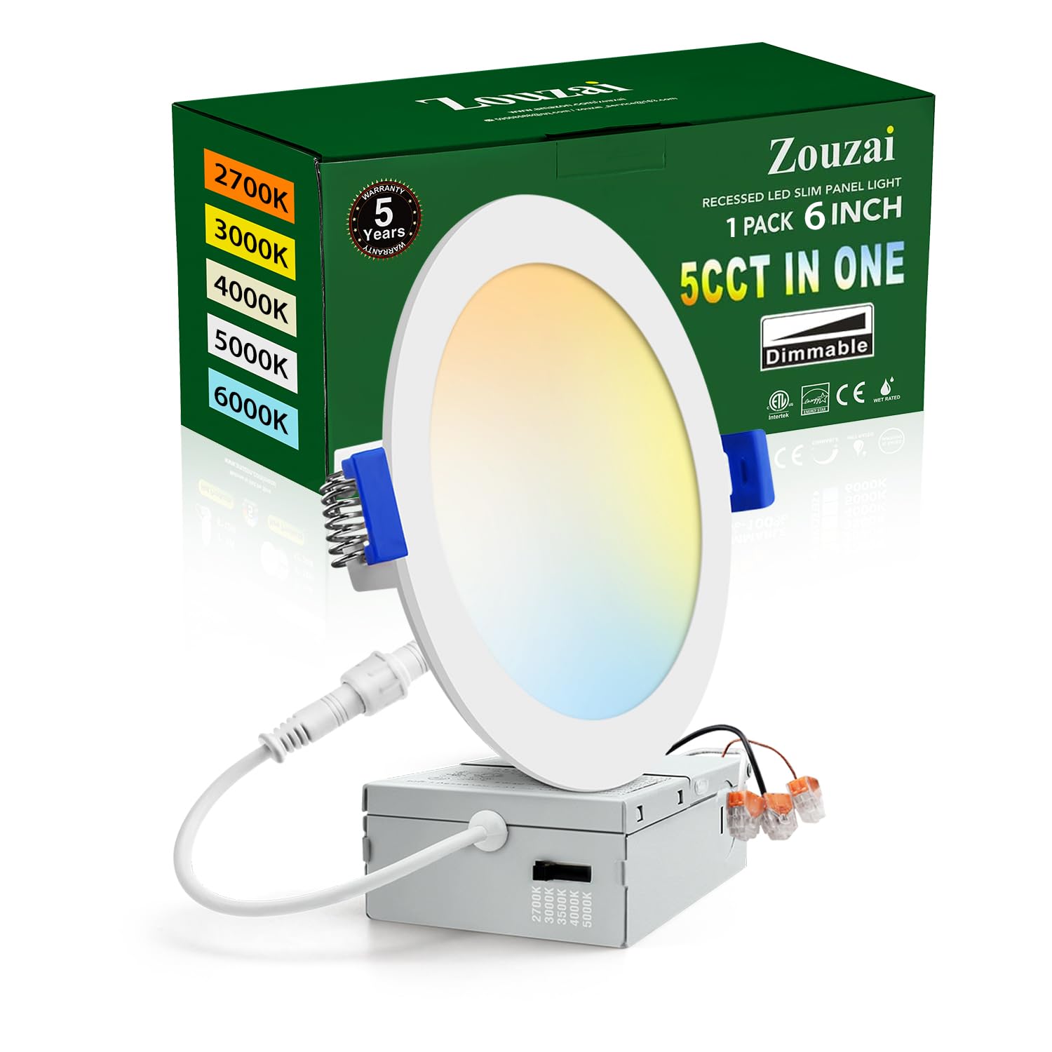zouzai 6 Inch 5CCT Ultra-Thin LED Recessed Ceiling Light, White, 1 Pack