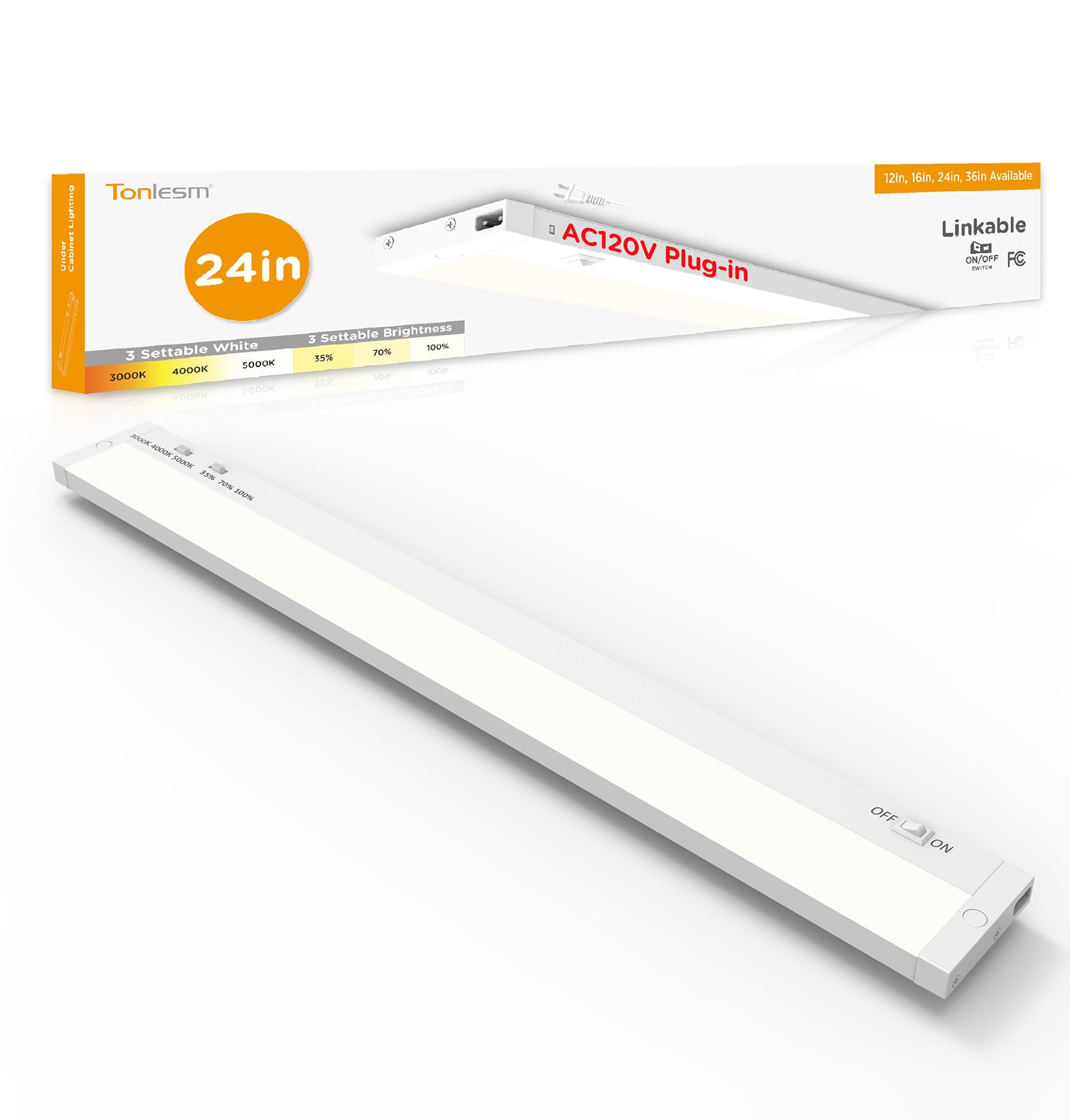 Tonlesm 24 Inch Under Cabinet Lighting Plug in  14W 120V 3 Color 3000K/4000K/5000K  3 Brightness  Super Bright  Ultra Thin Under Counter Lights for Kitchen  Linkable LED Cabinet Light  White