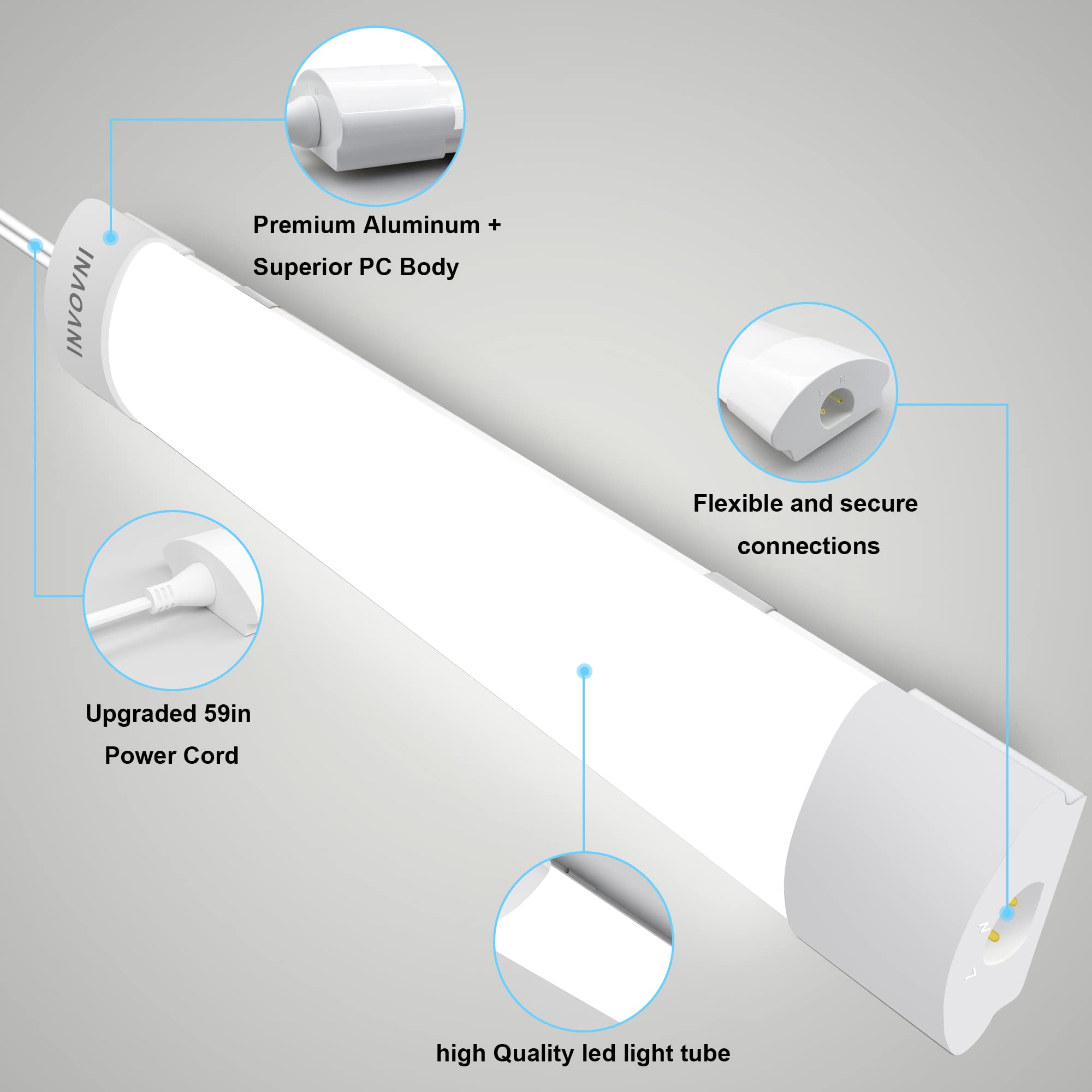 Invovni Plug In Light Bar With Switch, 2Ft 18W 5000K 2000Lm Under Cabinet Lighting, Led Ggarage Lights For Ceiling Wall Kitchen Bathroom Shelf Workbench, Linkable Tube Light, 2Pcs