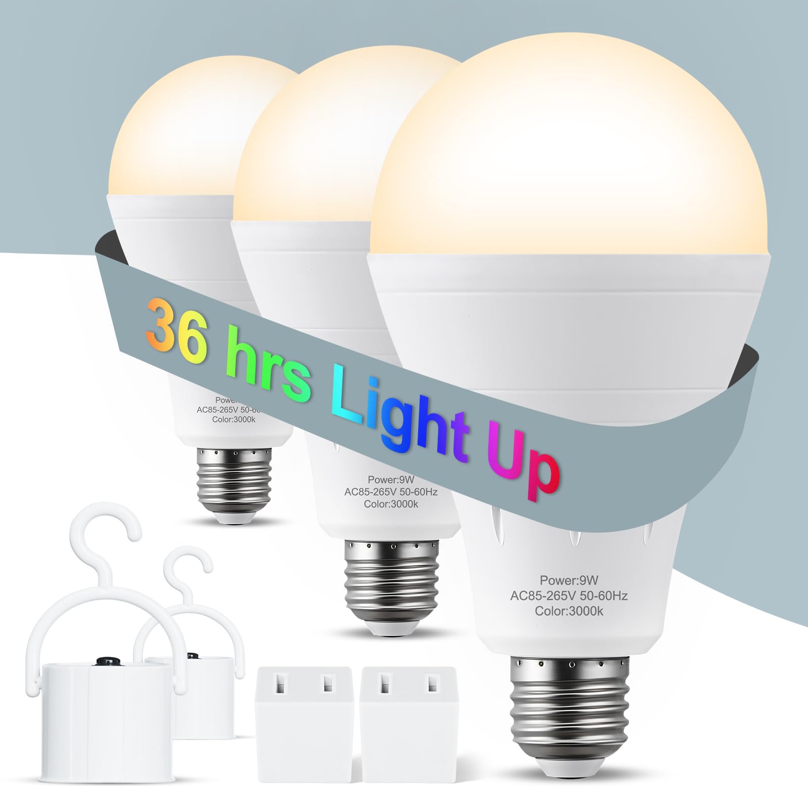 Aluocyi 3 Pack Rechargeable Light Bulbs, Battery Emergency Light Bulb 9W Up To 24 Hours, 3000K Soft White, Battery Backup Light 