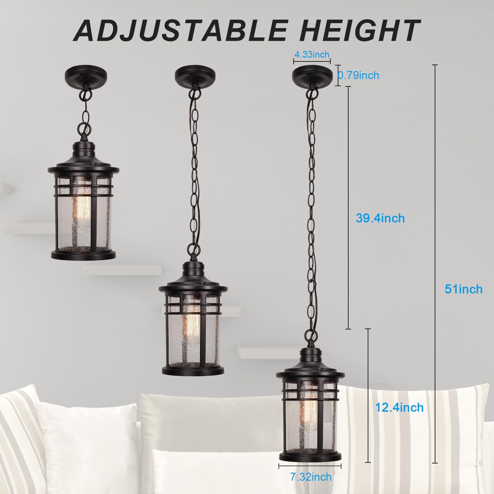 Darkaway Outdoor Pendant Lights, Aluminum, Medium Size, Black, Model 6X20H BK, Seeded Glass for Porch, Gazebo, Patio