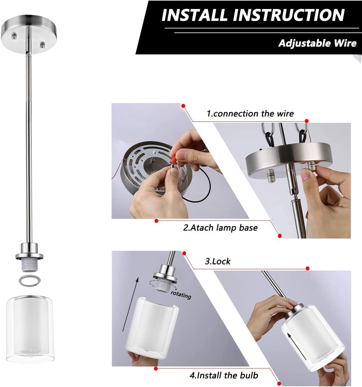 Eidonta 1-Light Mini Pendant Light Fixtures, 3 Pack Modern Brushed Nickel Hanging Ceiling Light With Dual Glass, Adjustable Heig