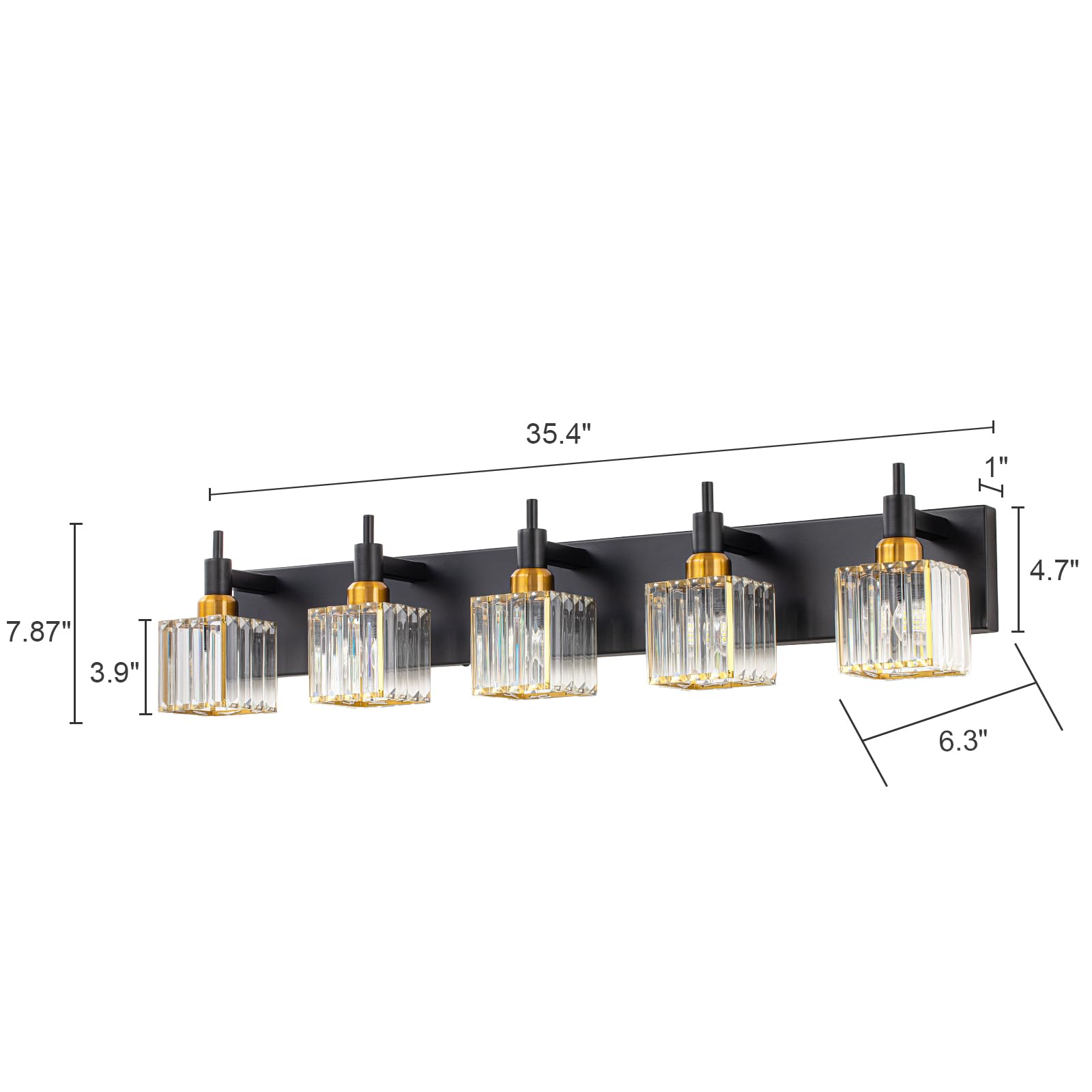 HUOKU Modern Crystal Bathroom Vanity Light 5-Light Metal Black Gold Square Shade, Model dd992089