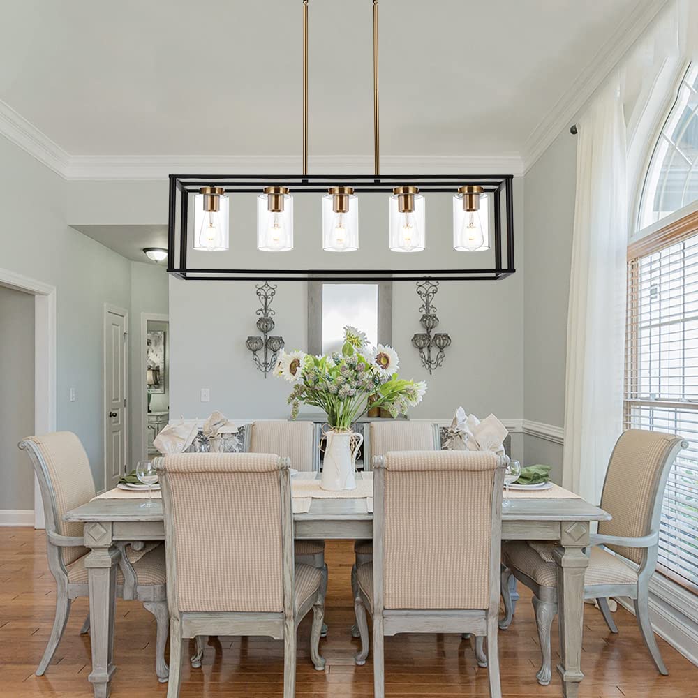 VINLUZ 5-Light Farmhouse Chandelier, Black and Brass Metal Pendant Light, Clear Glass Shade, Model 1811-5-23