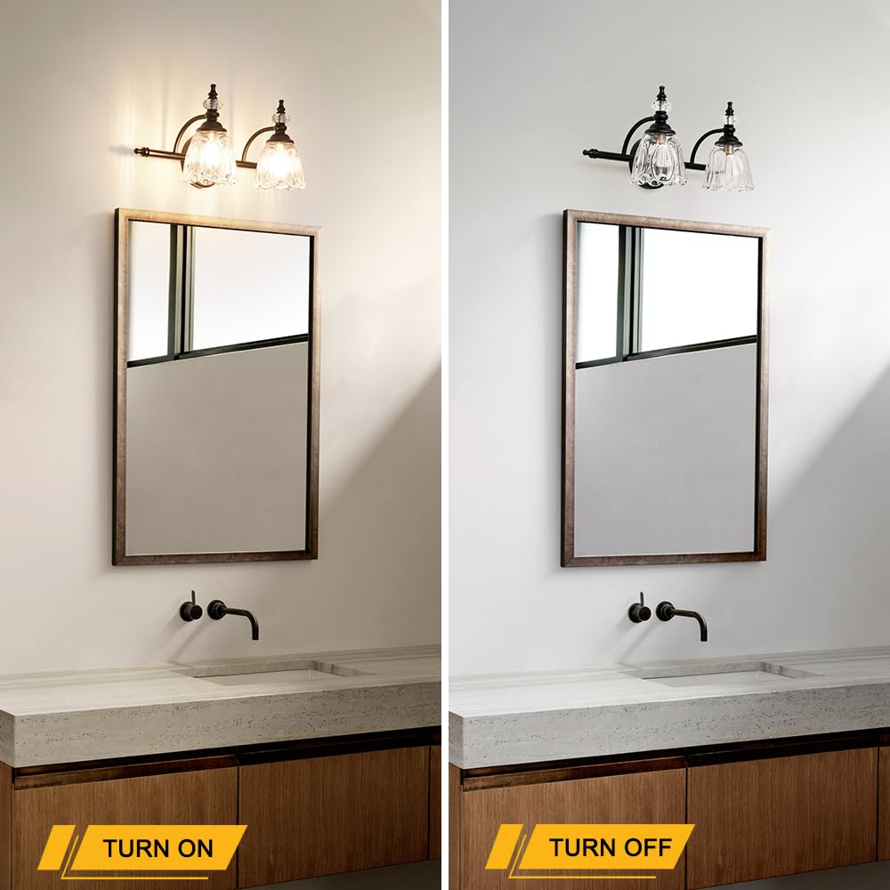 Ditoon Matte Black Vanity Light - 2 Light Glass Shade Wall Sconce - Farmhouse Bathroom Lighting - Model DX230004V