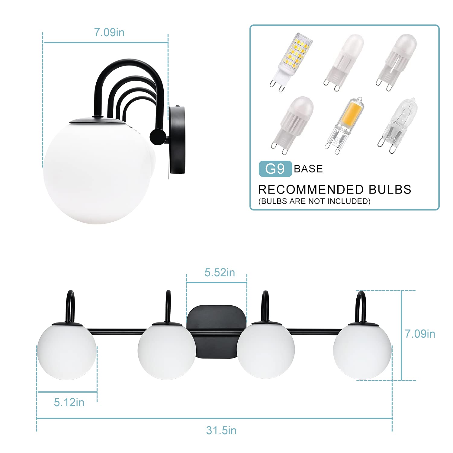 Zhuoer Vintage Bathroom Light Fixtures 4-Lights Black Mid Century Vanity Lights With Milk White Glass Globe Shade Vintage Wall Sconces Lighting Bath Vanity Lights Bar Over Mirror(Exclude G9 Bulb)