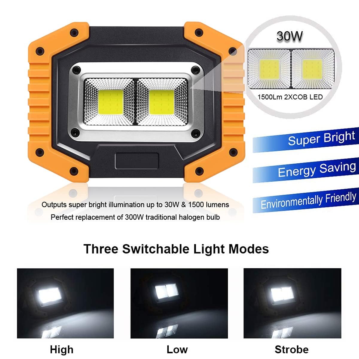 FOSFIS Rechargeable Work Light 30W 1500 Lumens LED Battery Operated Portable Flood Light 2-Pack Yellow