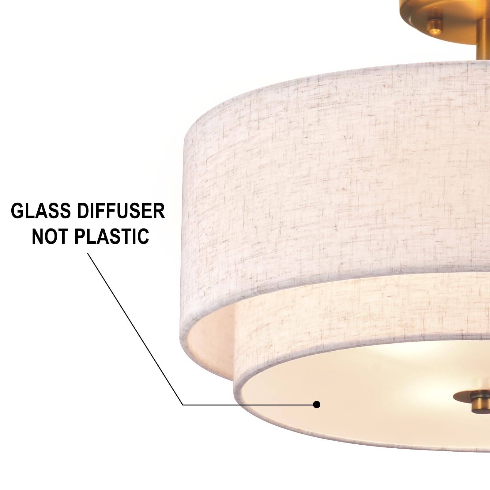 Kirahee 3-Light Gold Semi Flush Mount Ceiling Light Fixture, 16" Modern Fabric Shade for Bedroom, Living Room, Hallway