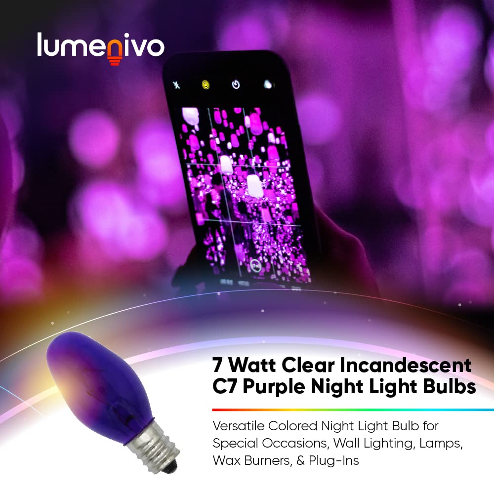 Lumenivo 7 Watt Purple Incandescent C7 Colored Night Light Bulb 7W C7 Purple Christmas Village Light Bulbs - Candelabra Base Bulb For Window Candle  Decorative Light Replacements - 120V - 12 Pack