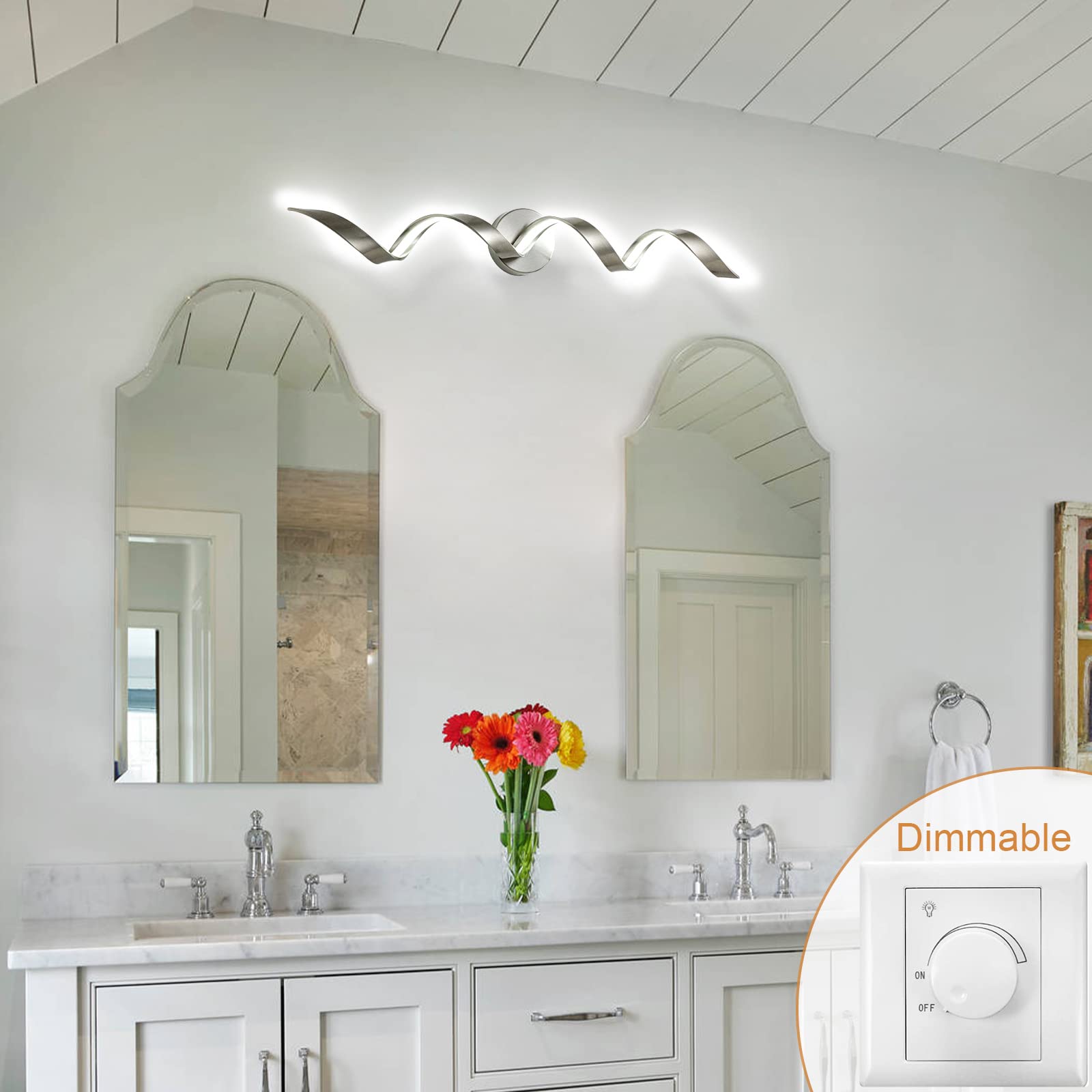 Huoku 32" Dimmable Led Bathroom Vanity Light, 20W Spiral Design, Brushed Nickel, 6000K