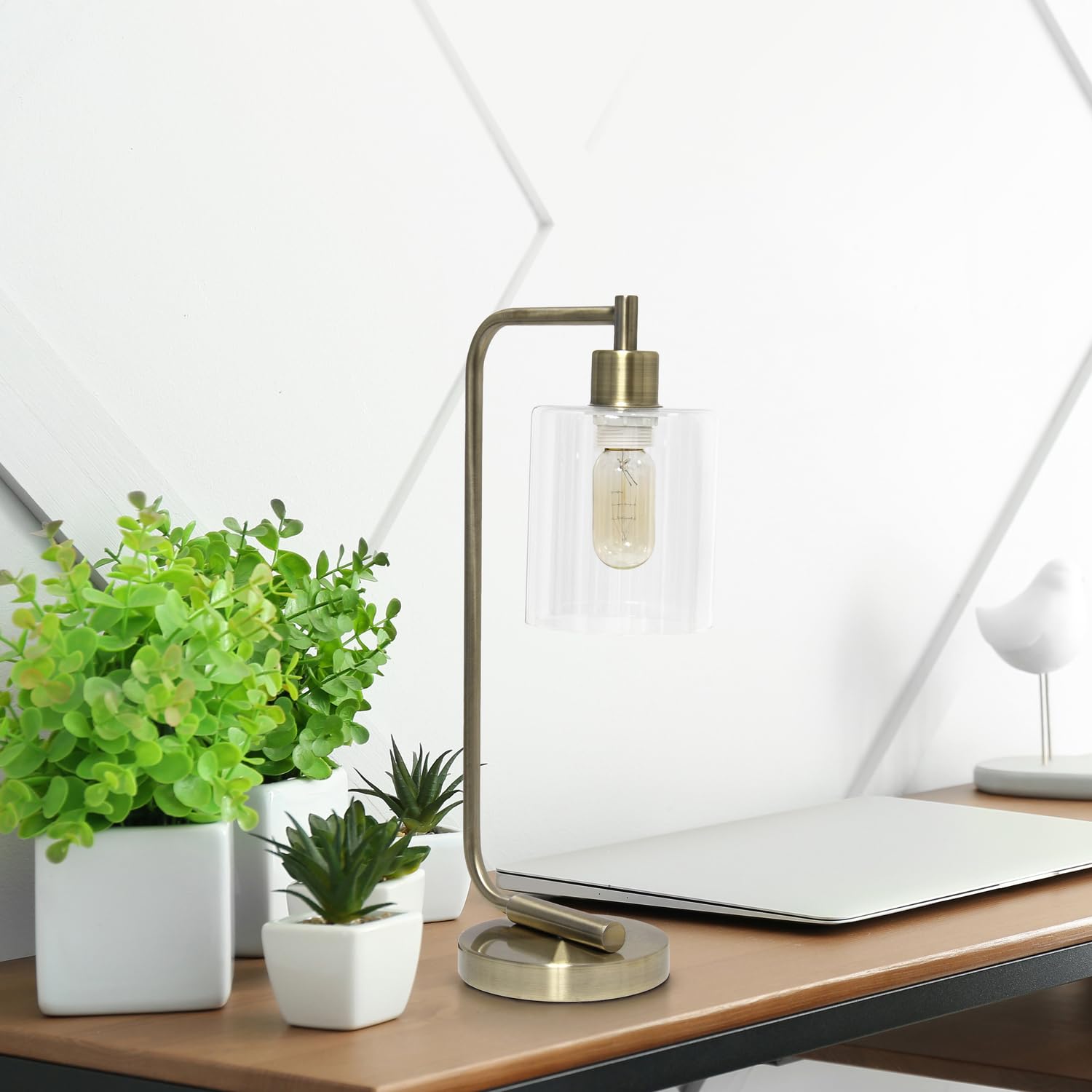 Lalia Home Modern Iron Desk Lamp With Glass Shade, Antique Brass