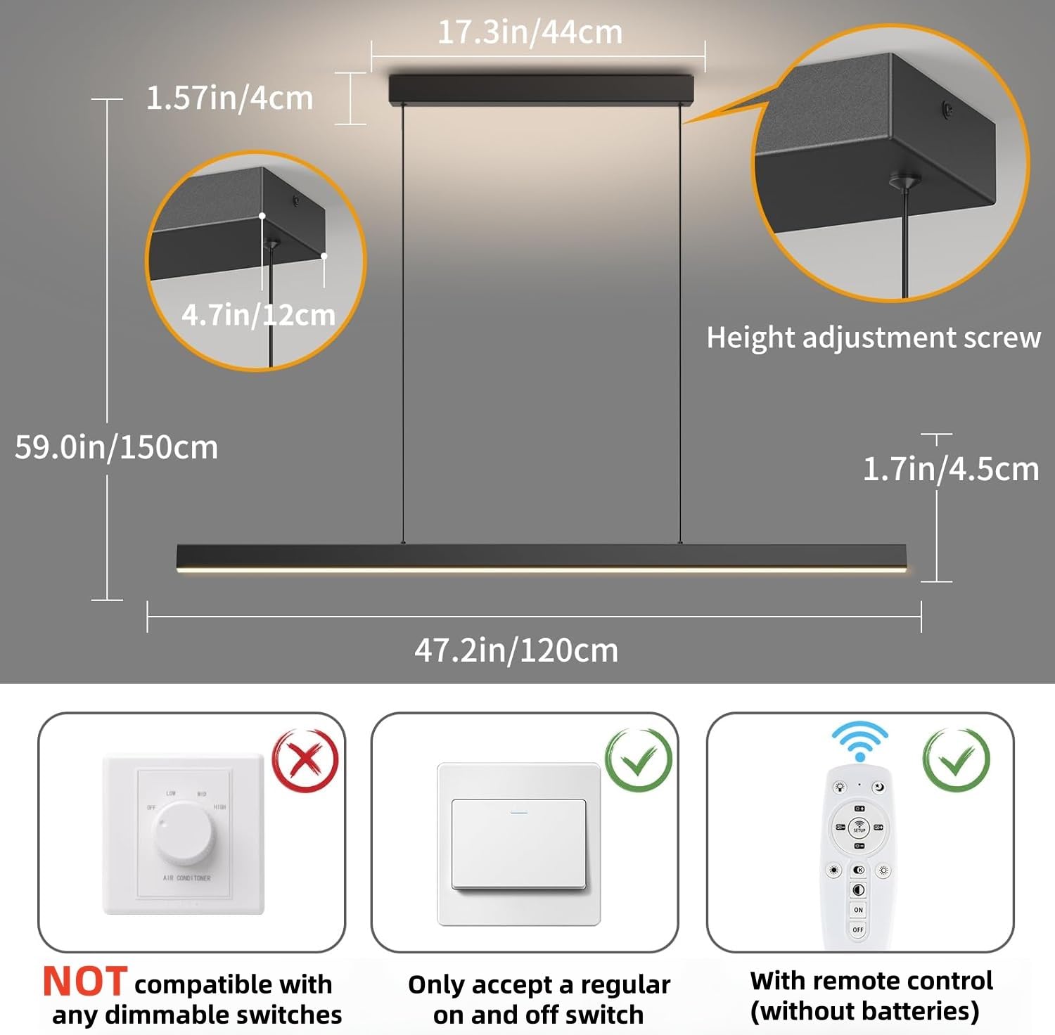 Zihoi Modern Ceiling Pendant Light 47In Led Black Linear Ceiling Chandelier Light Dining Room Living Room Warm & Cool  Neutral Light Aluminum Island Lighting Hanging Pendant Light For Kitchen