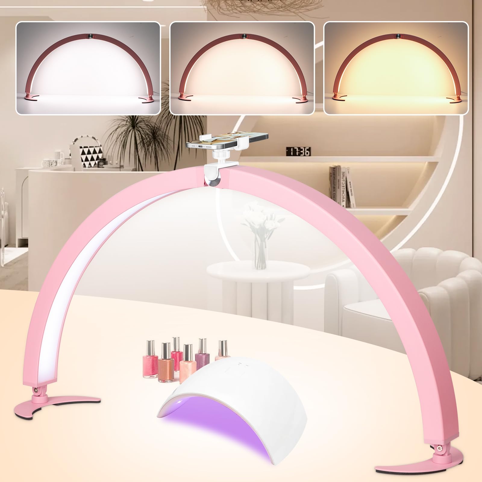 HITTI Half Moon Nail Desk Light with Phone Holder, Foldable, 7 Color Modes, 10 Brightness, Metal, Pink, Model MJBYL-Pink