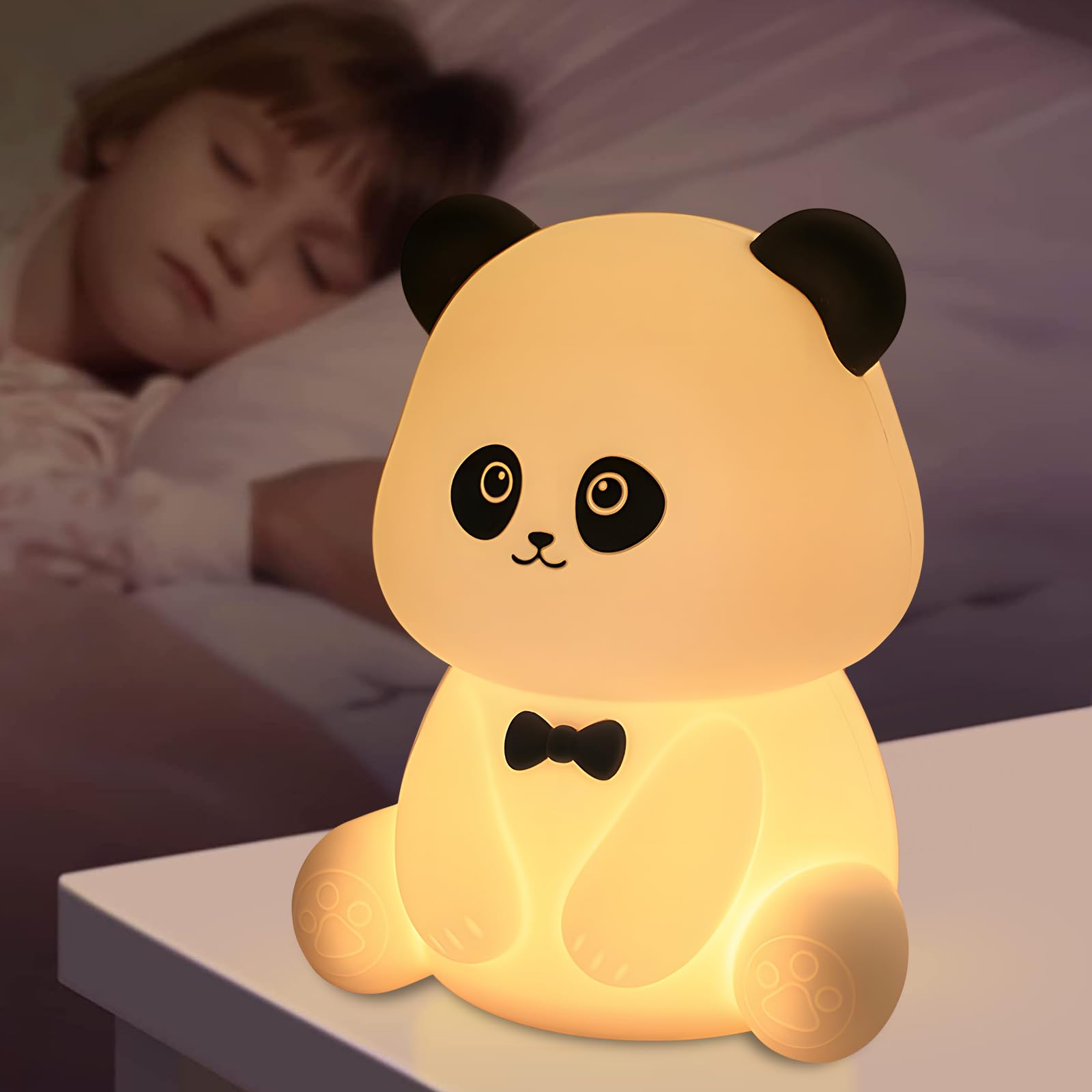 Hpydiy Cute Panda Night Light Squishy Animal Nightlamp Rechargerable Dimmable Nursery Soft Silicone Table Bedroom Lamp Portable Adjustable Lighting Bedroom Bedside Gift