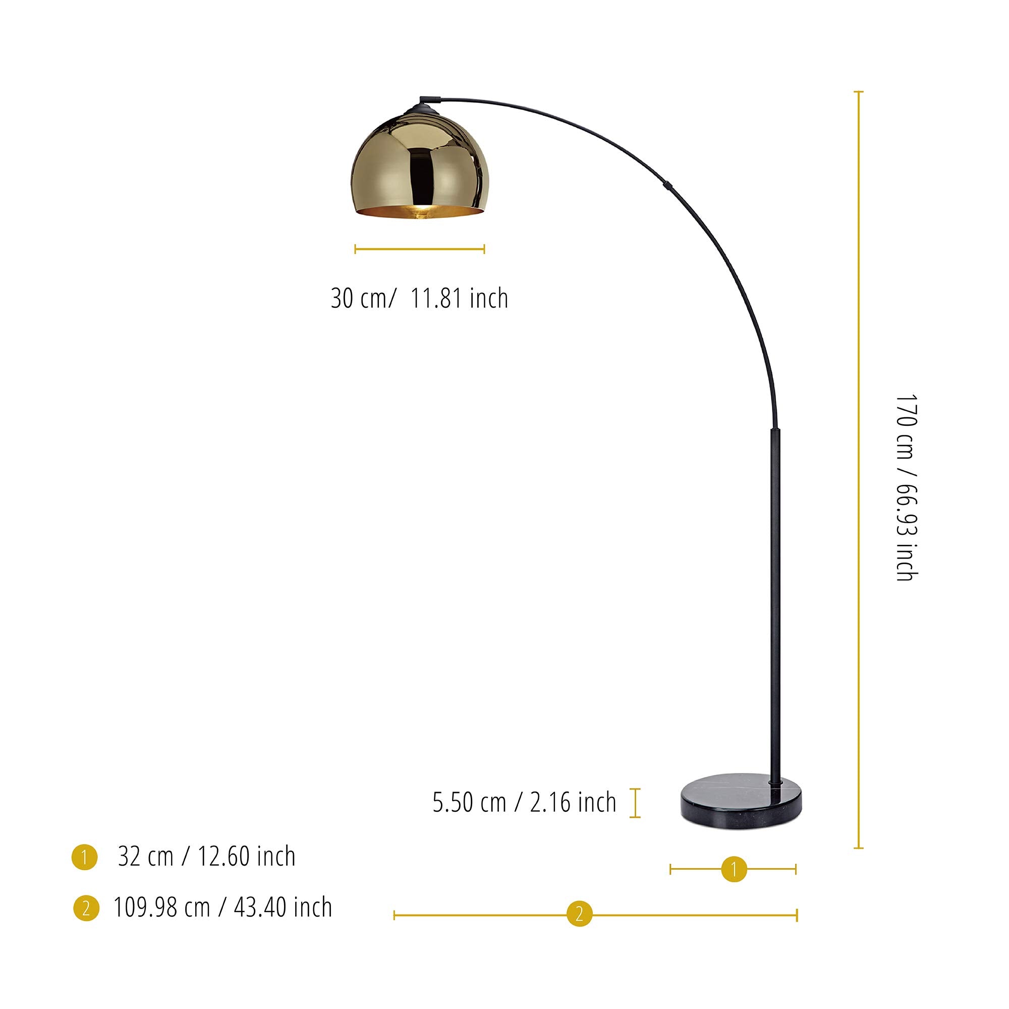 Teamson Home Arquer 66.93'' Arc Floor Lamp For Living Rooms, Home Offices, Dining Rooms, Bedrooms With Faux Black Marble Base An