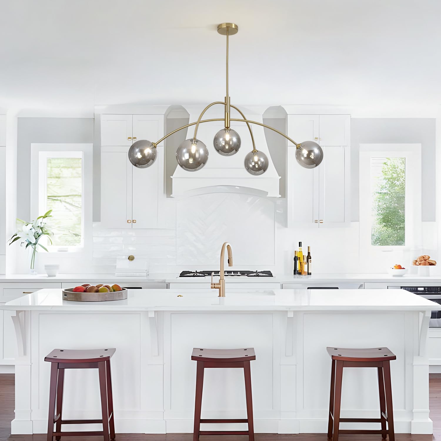 Fulesi Modern Gold Chandelier 5 Light Smoke Gray Semi Flush Mount Chandelier Vintage Industrial Ceiling Light Dining Room Chande