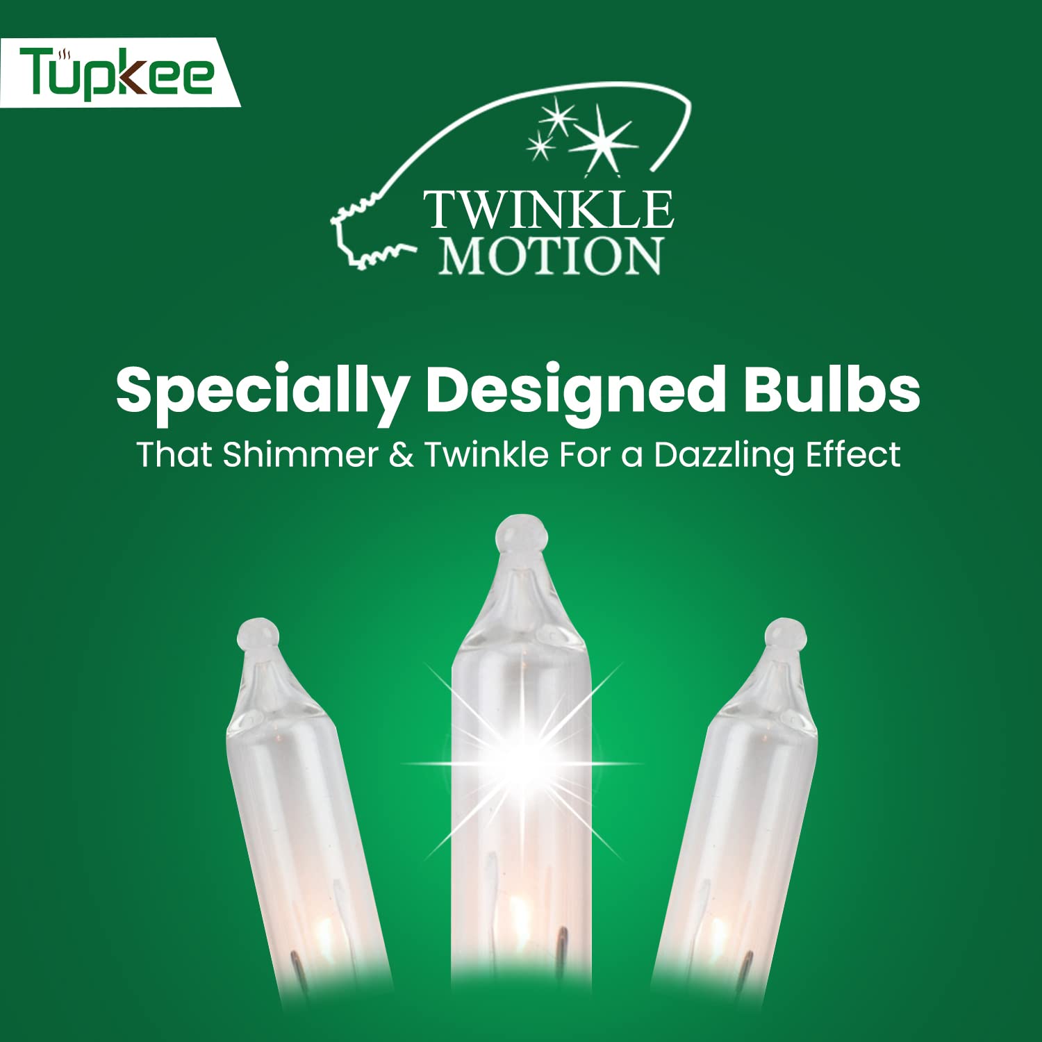 Tupkee Twinkle Flame Tip Light Set - 50 Clear Mini Bulbs, 15.5 ft String, Indoor/Outdoor Christmas Lights