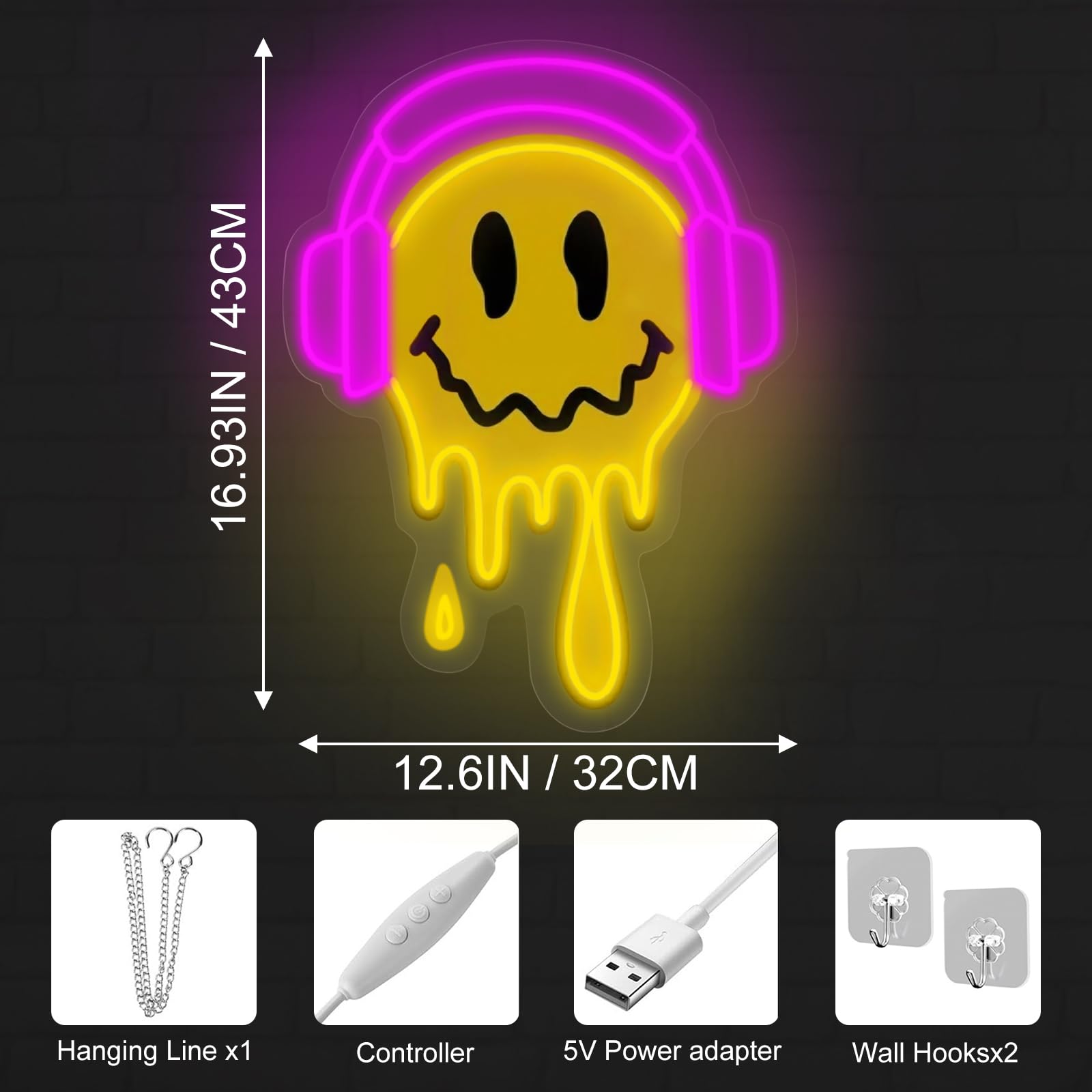 Melting Smile Face With Headphone Neon Sign For Wall Decor Neon Smile Light Signs For Kids Room Bar Party Bedroom Decor Lamp Personalized Gifts Kids Room  Wedding Decoration  Holiday Gift-Pink