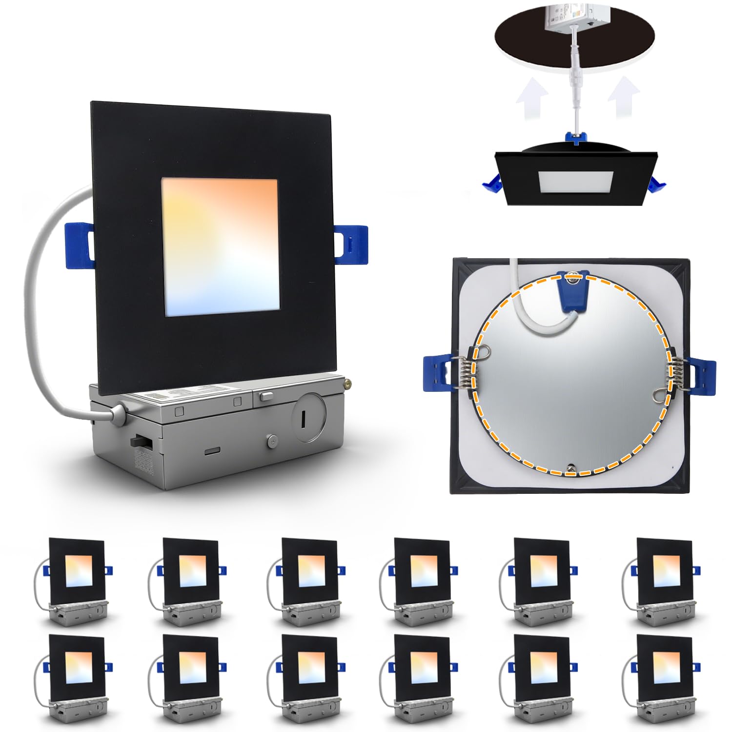 Adetu 4 Inch Square Led Recessed Lighting Black 5Cct Ultra Thin Square Led Ceiling Light With Junction Box 2700K-5000K  10W 860Lm Can-reduceer Wafer Downlight Etl And Energy Star Certified