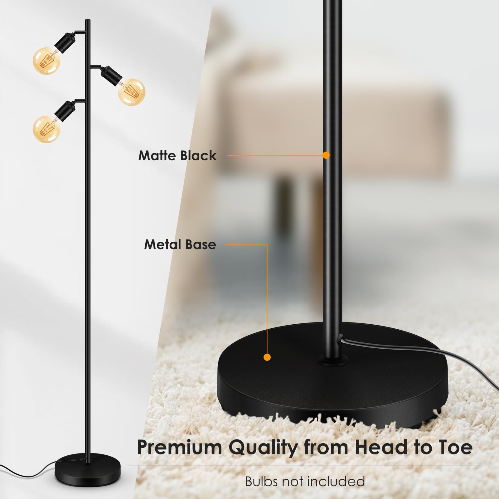 BoostArea Industrial Floor Lamp - Modern Adjustable 3-Light Tree Lamp with Foot Switch, Minimalist Black Metal for Living Room & Bedroom
