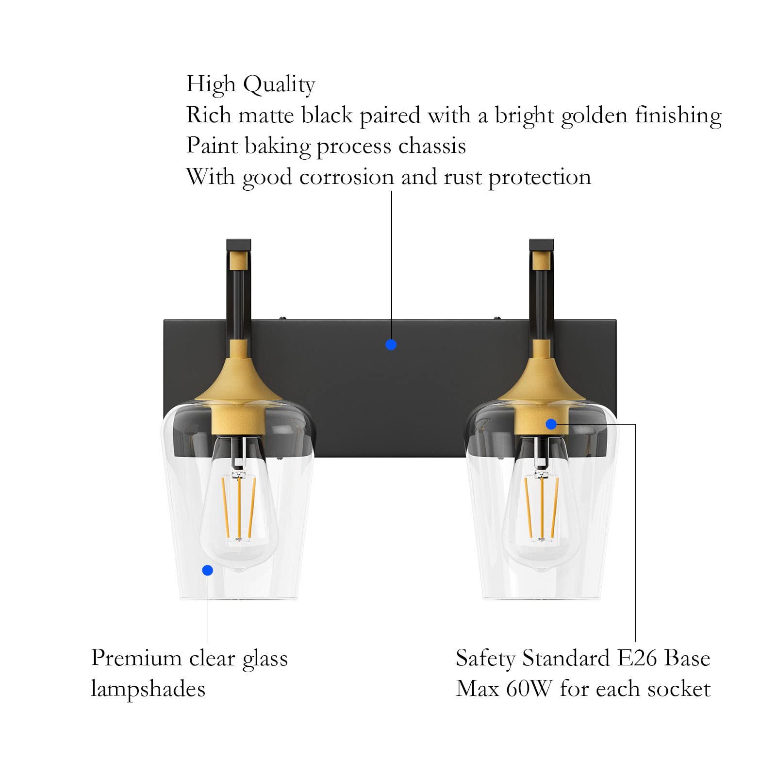 Ralbay Black/Gold Vanity Light 2 Lights Industrial Bathroom Light Fixtures Over Mirror With Clear Glass Black Bathroom Wall Mount Lighting Sconce
