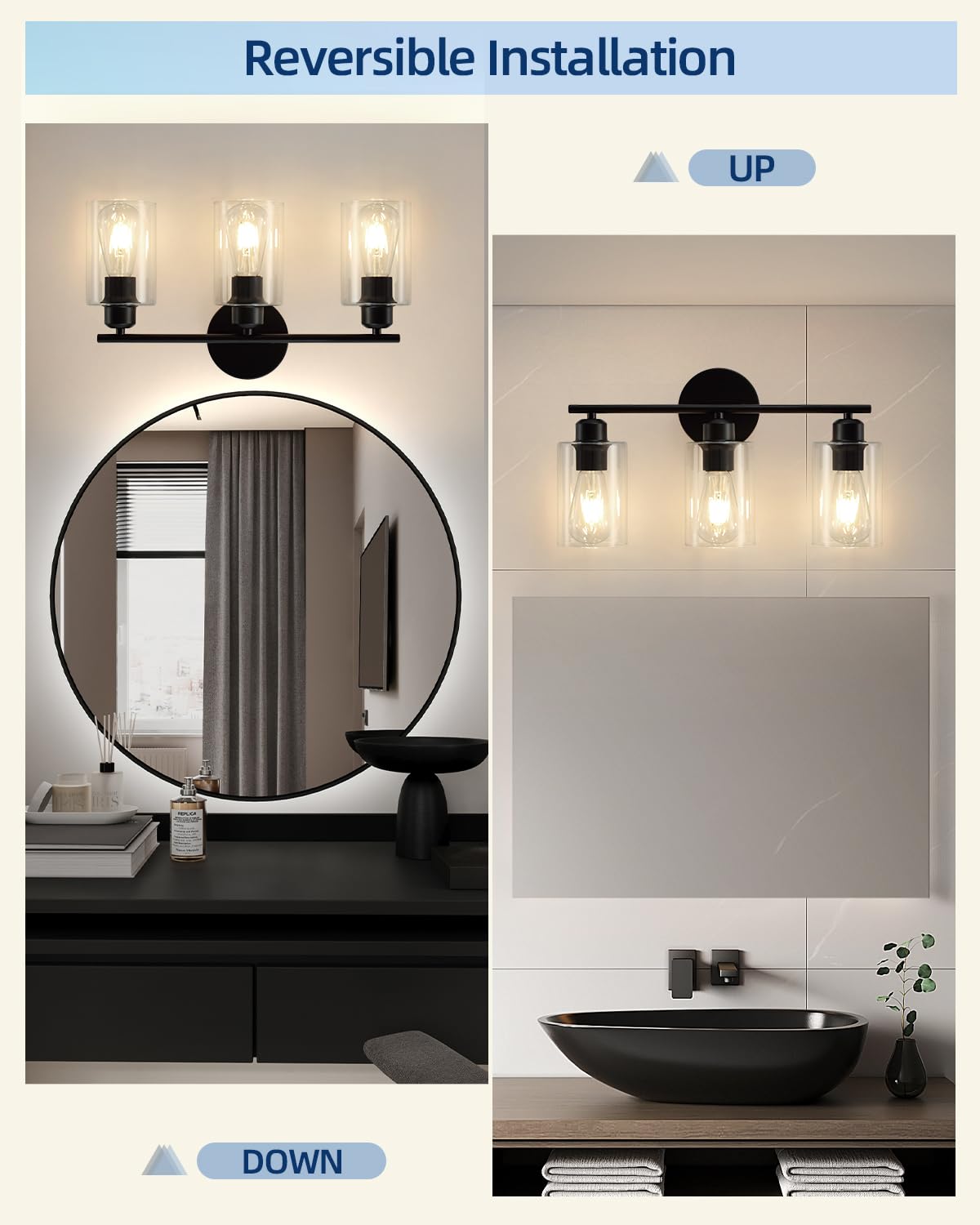 Seable 3-Light Matte Black Bathroom Vanity Light Fixtures With Glass Shade - 2 Pack