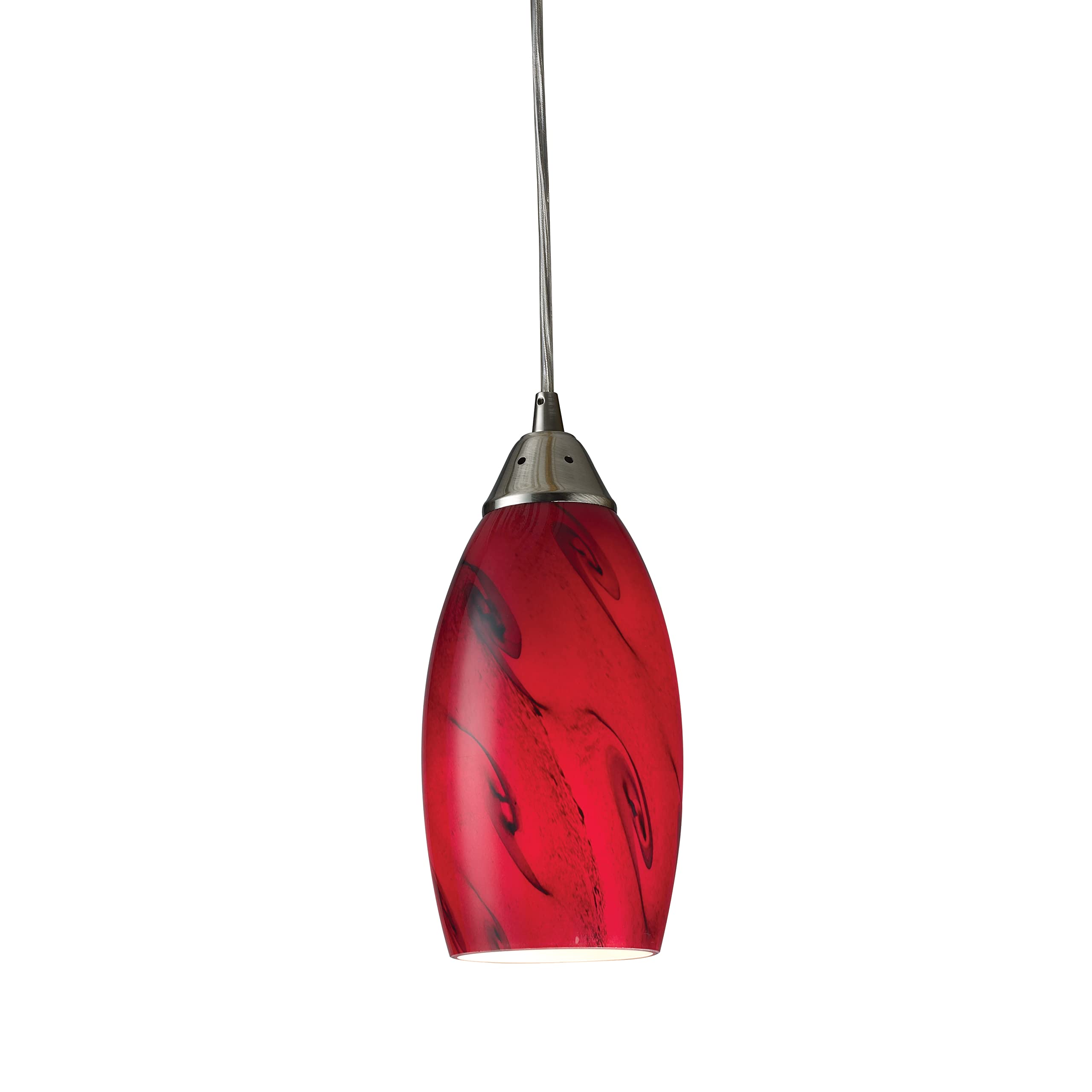 Elk Home Galaxy Mini Pendant - 1-Light Satin Nickel Pendant Light with Hand Blown Red Glass Shade, Adjustable Hanging Height, Tr
