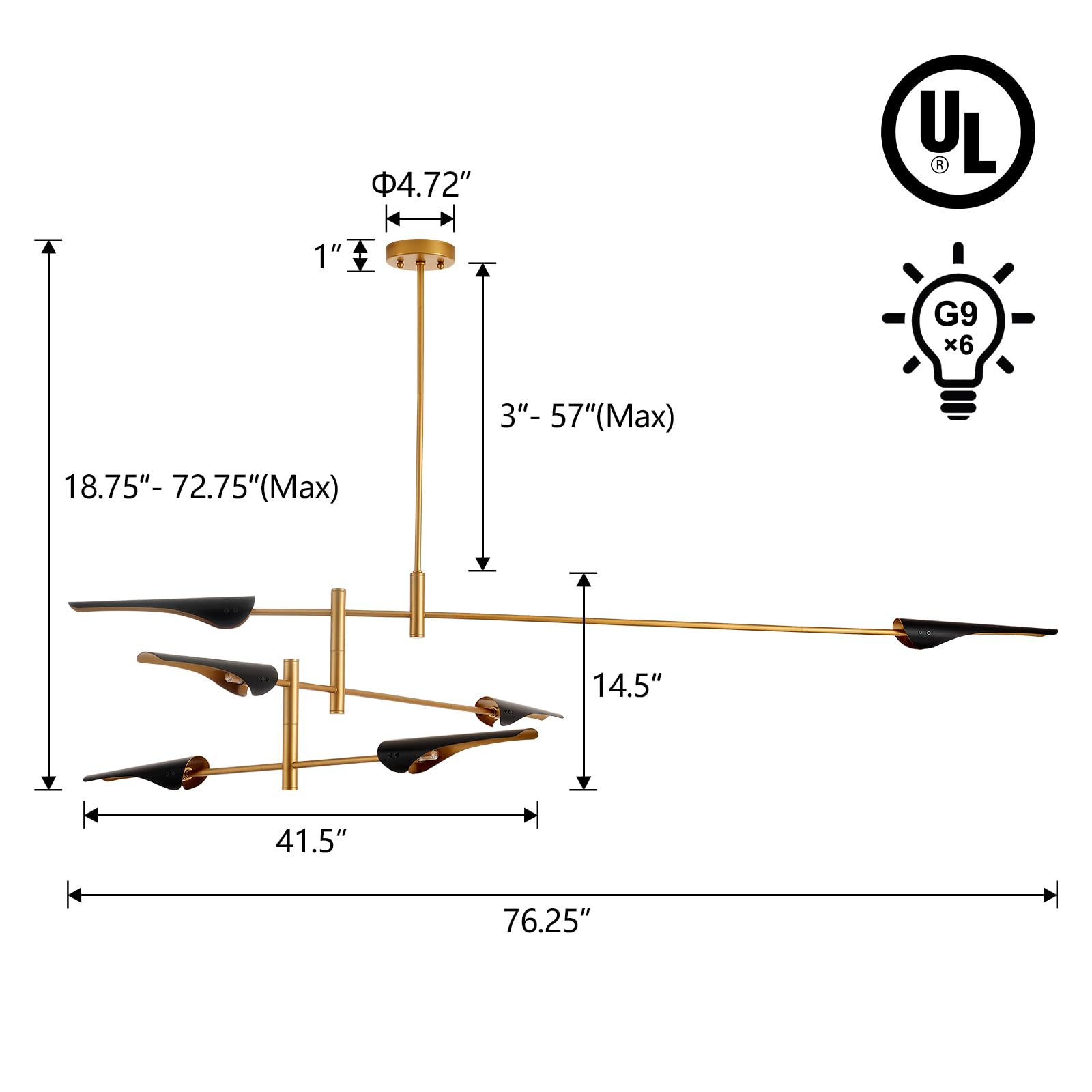 MhyTogn 76” Industrial Pendant Light, 6-Lights Adjustable Chandelier, Metal, Black, Model 453-EKD-6 for Dining Room, Living Room, Kitchen