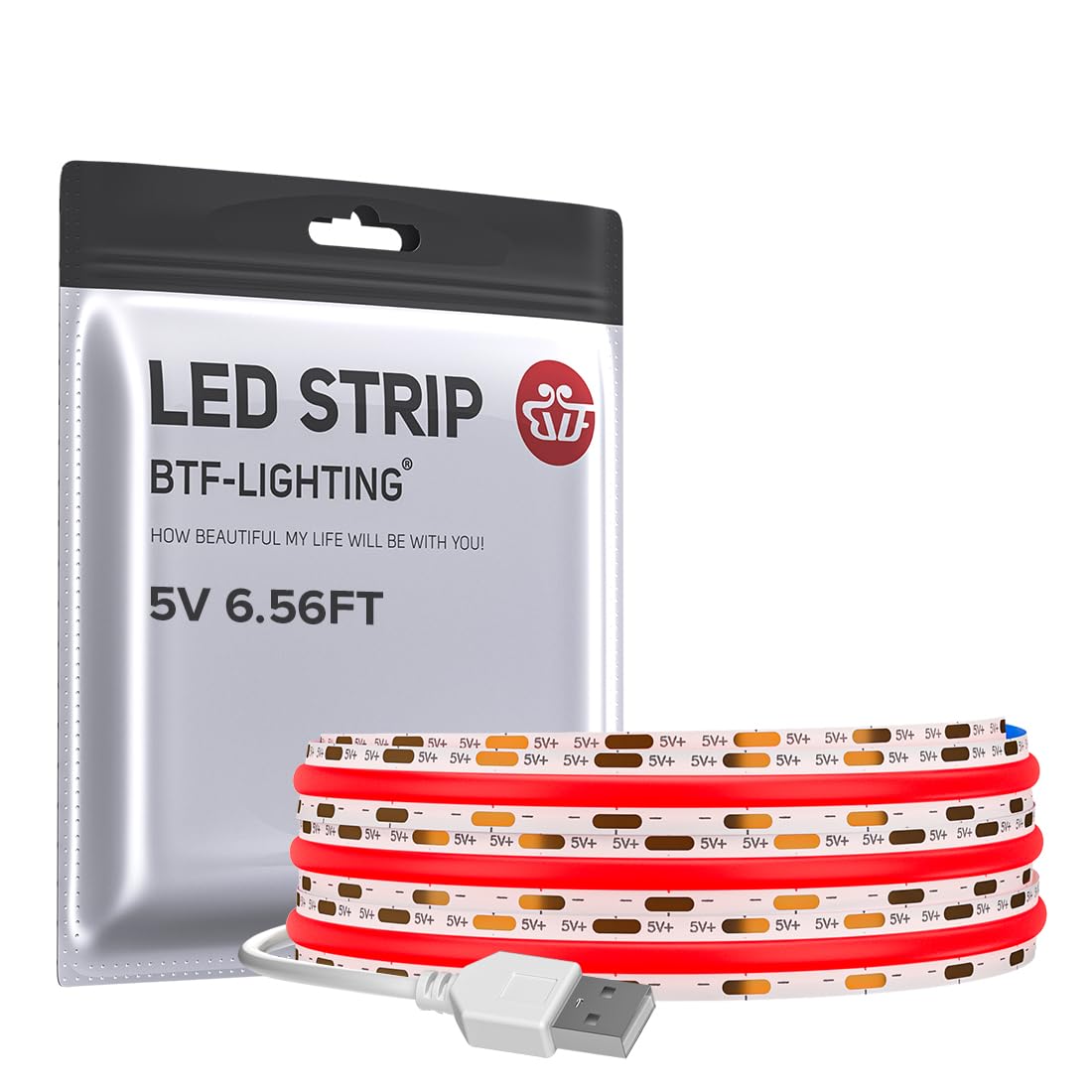 Btf-Lighting Fcob Usb Powered Red Color Cob Led Strip Lights 6.56Ft 640Leds 5V 8Mm Width 90+ High Cri Ultra Bright Flexible Light For 3D Printer Tv Backlight Display Cabinet Pc Diy Decor