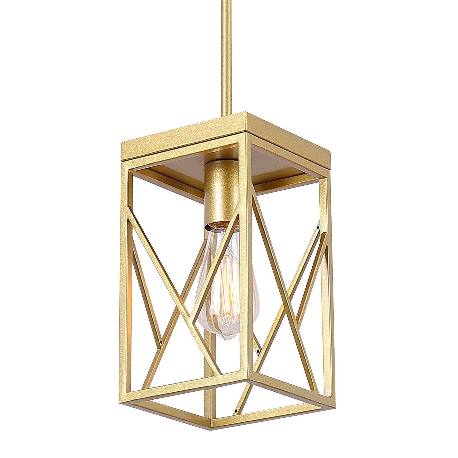 Fivess Lighting Modern Gold Pendant Light, Metal Cage, One-Light Adjustable Rods, for Kitchen Island, Cafe Bar, Model 6974443065800