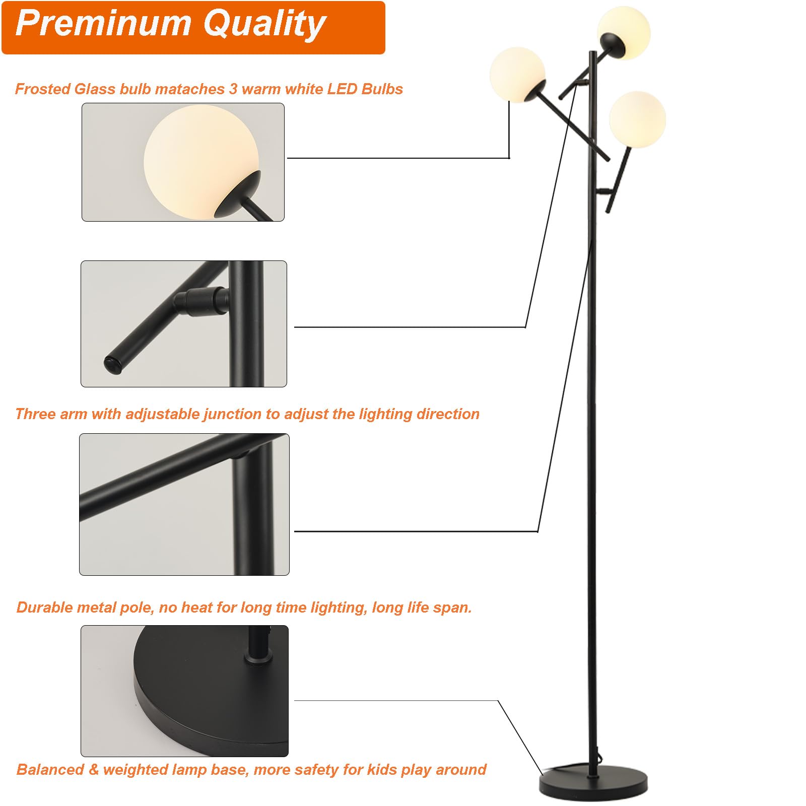 Fiqevs 3 Globe Mid Century Floor Lamp, Modern Standing Lamp With Rotatable Glass Shades And Led Bulbs, Vintage Sputnik Tree Tall