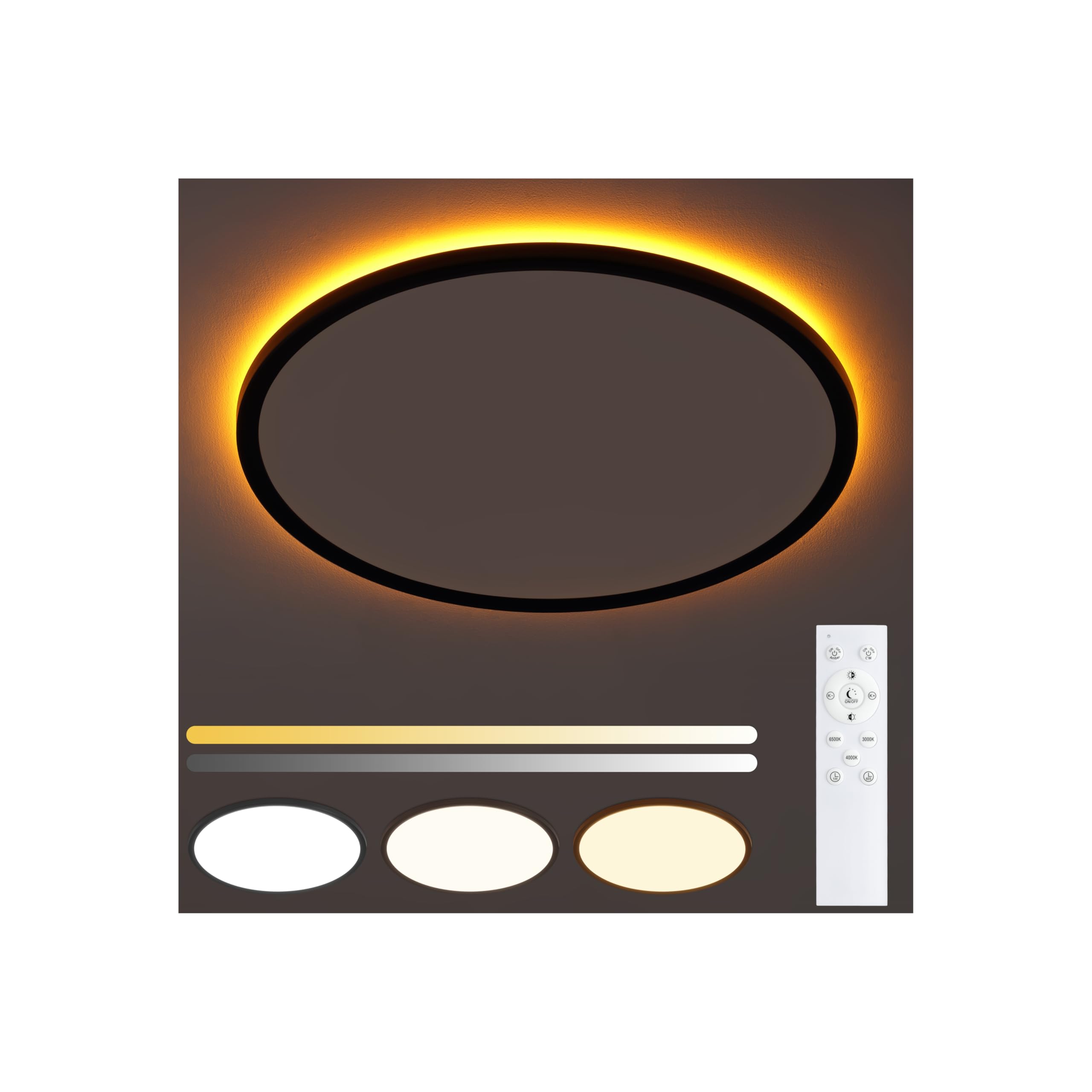 UprizeP Flush Mount Ceiling Light with Remote Control, 15in, 36W, Dimmable 3000-6500K, Night Light, Black, Model SK1038