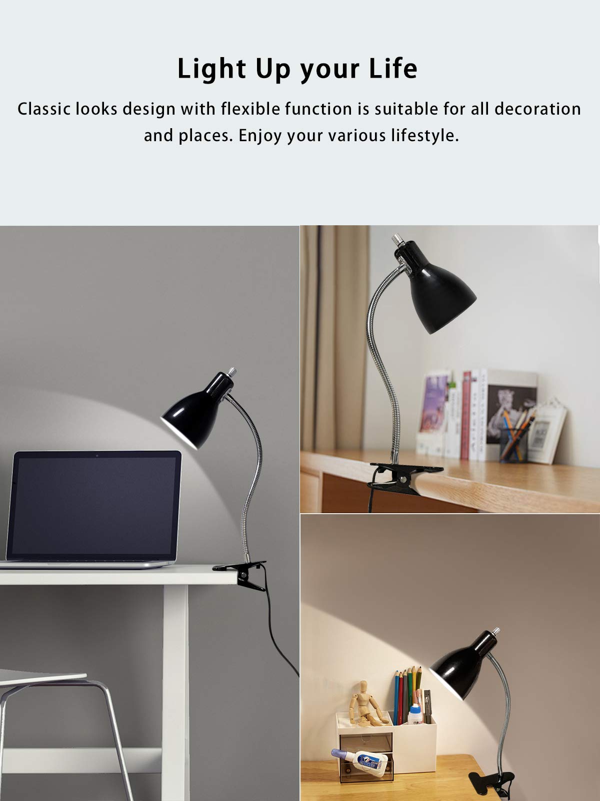 LALISU Desk Lamp - Eye-Caring Gooseneck Clip Light, Portable Reading Lamp, Black, Model LALITB004