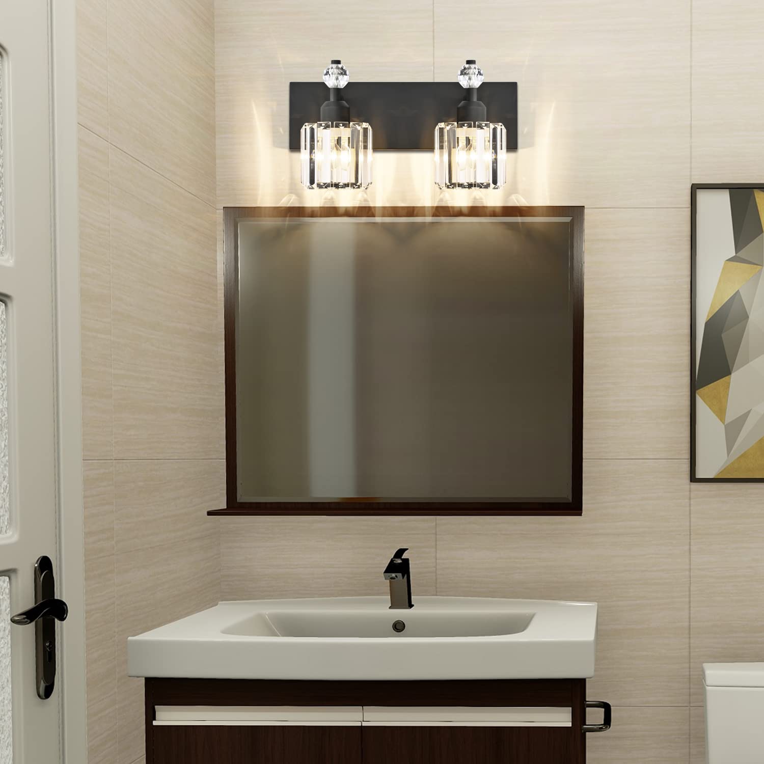 Presde 2-Light Modern Crystal Bathroom Vanity Light Fixture - Matte Black Metal Over Mirror Lighting
