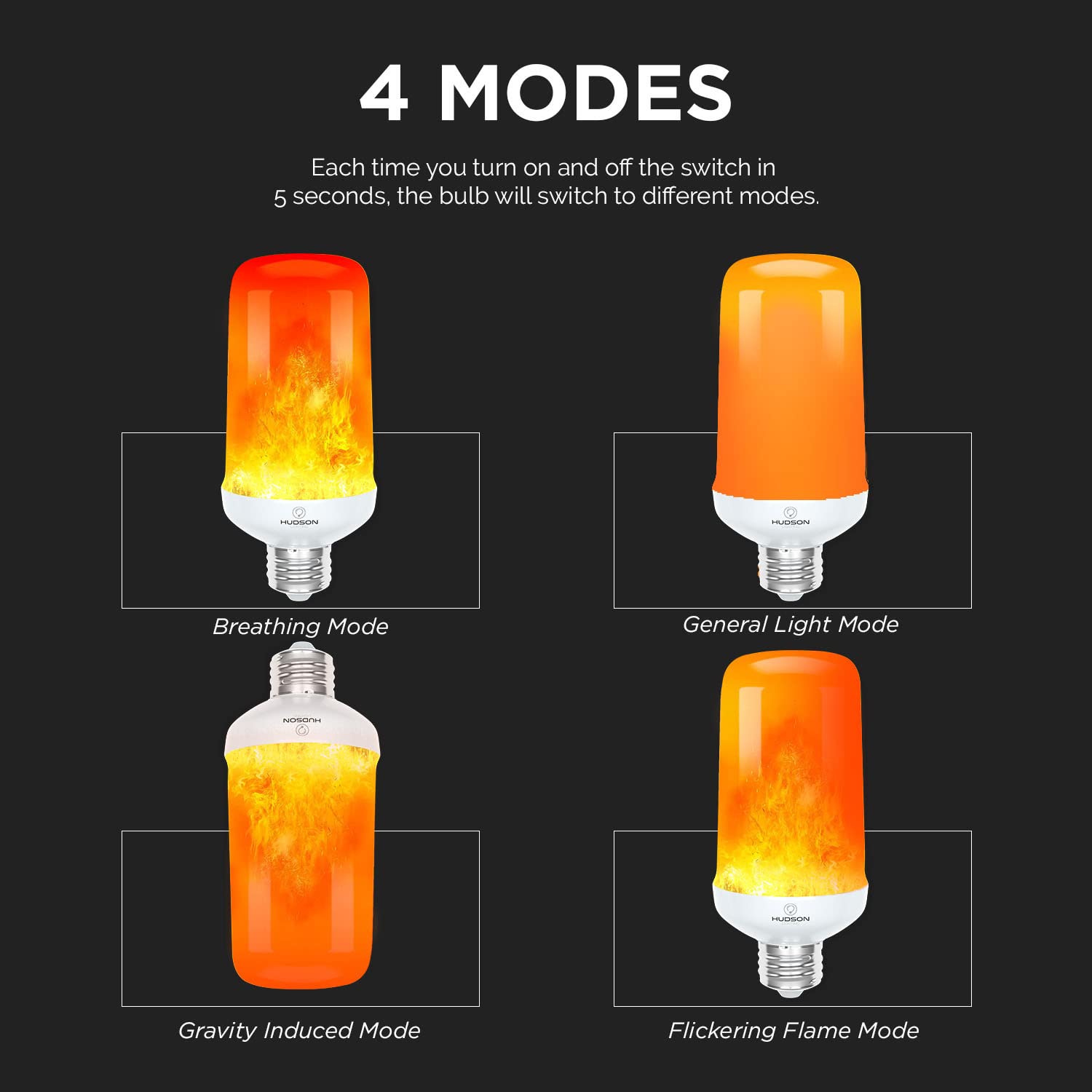 HUDSON BULB CO. 3W LED Flame Effect Light Bulbs, 4 Modes, E26/E27 Base, Orange Flickering Fire Light Bulbs, 2 Pack for Indoor/Outdoor